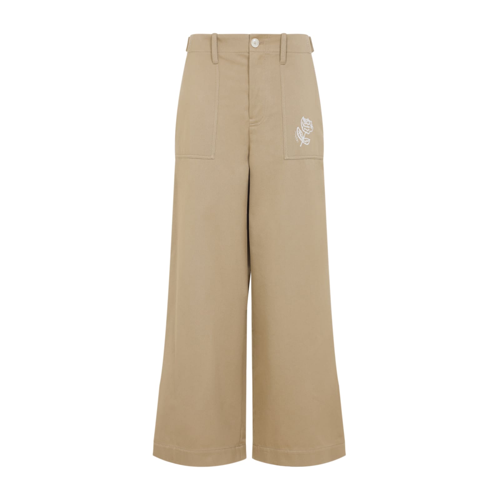 Marni Rose Embroidered Cotton Gabardine Pants In Brown
