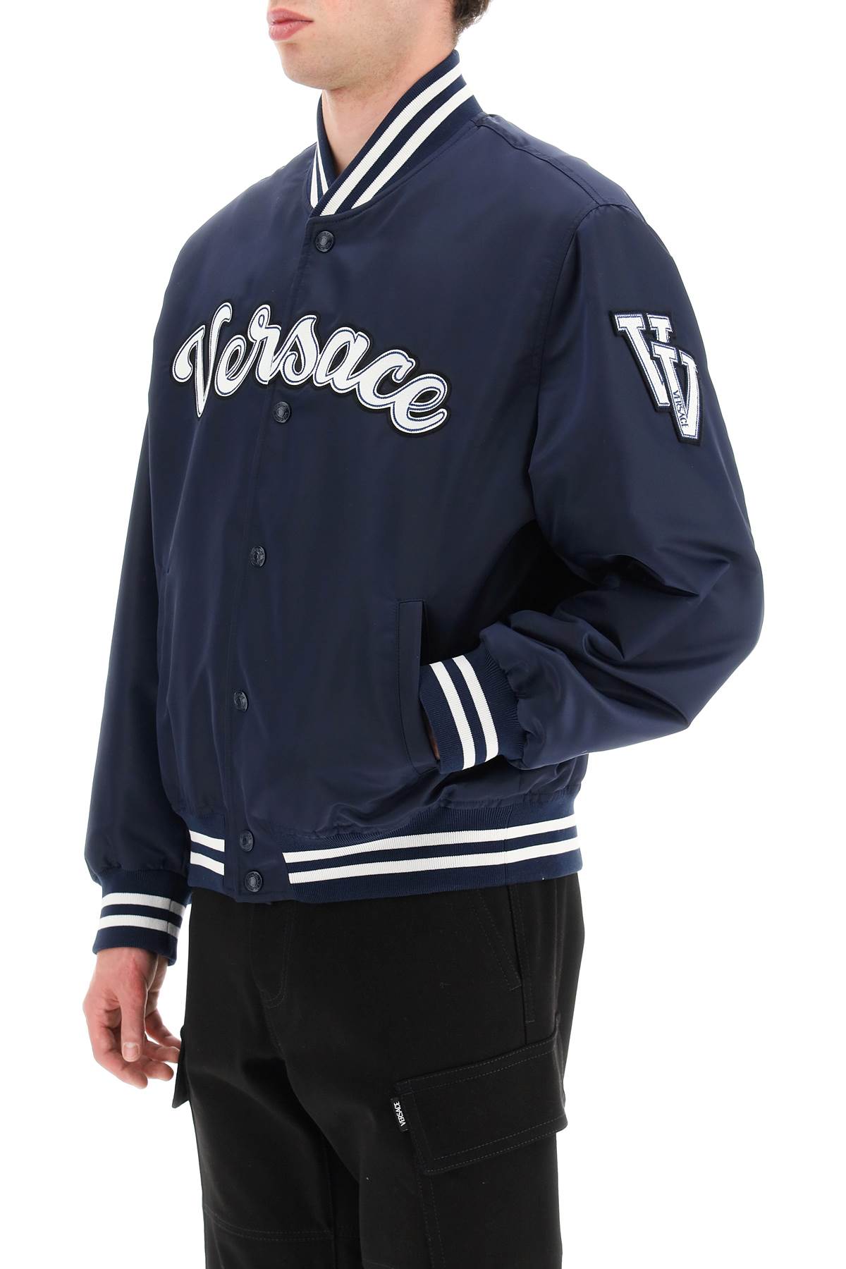 Versace Logo Embroidered Buttoned Jacket In Blue
