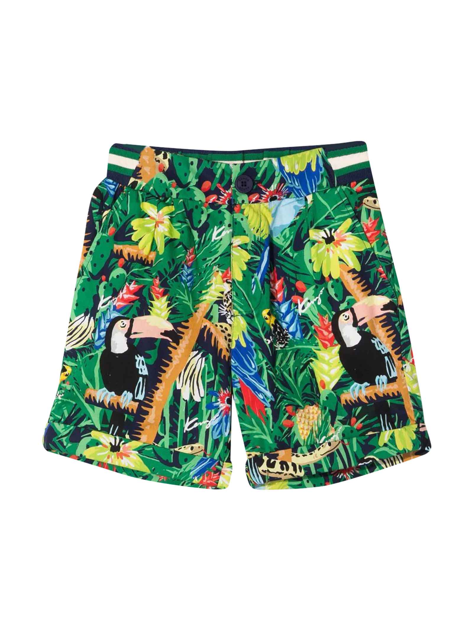 Kenzo Kids Multicolor Boys Shorts With Botanical Print, Striped Hem, Belt Loops, Front Closure With Buttons And Zip, Knee Length And Two Side Welt Pockets By.