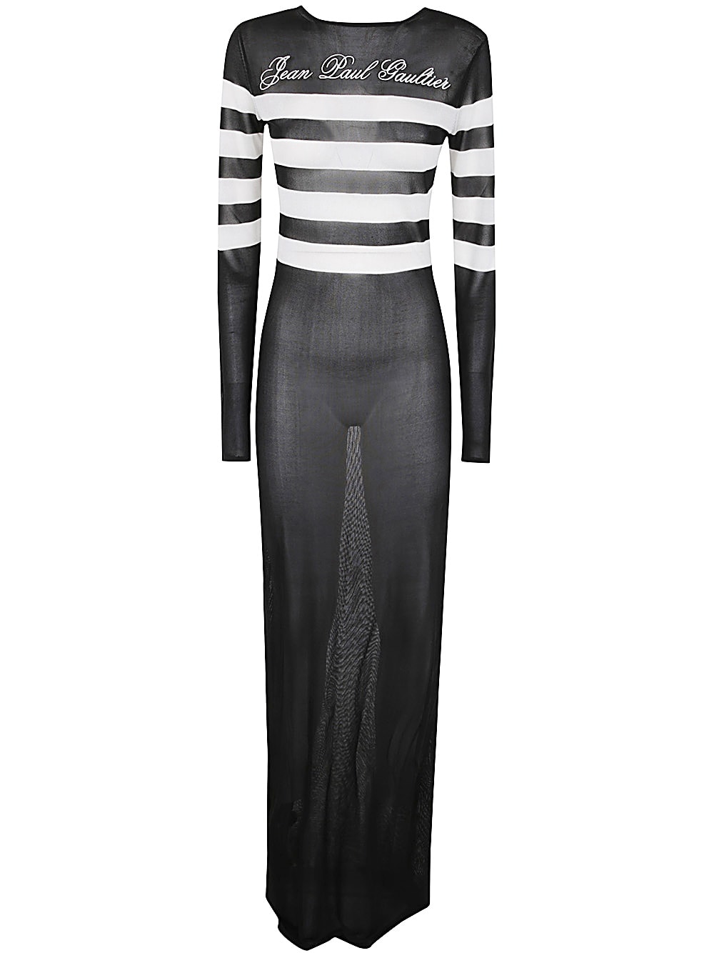 Shop Jean Paul Gaultier Transparent Viscose Mariniere Long Dress With Intarcia Signature In Black White