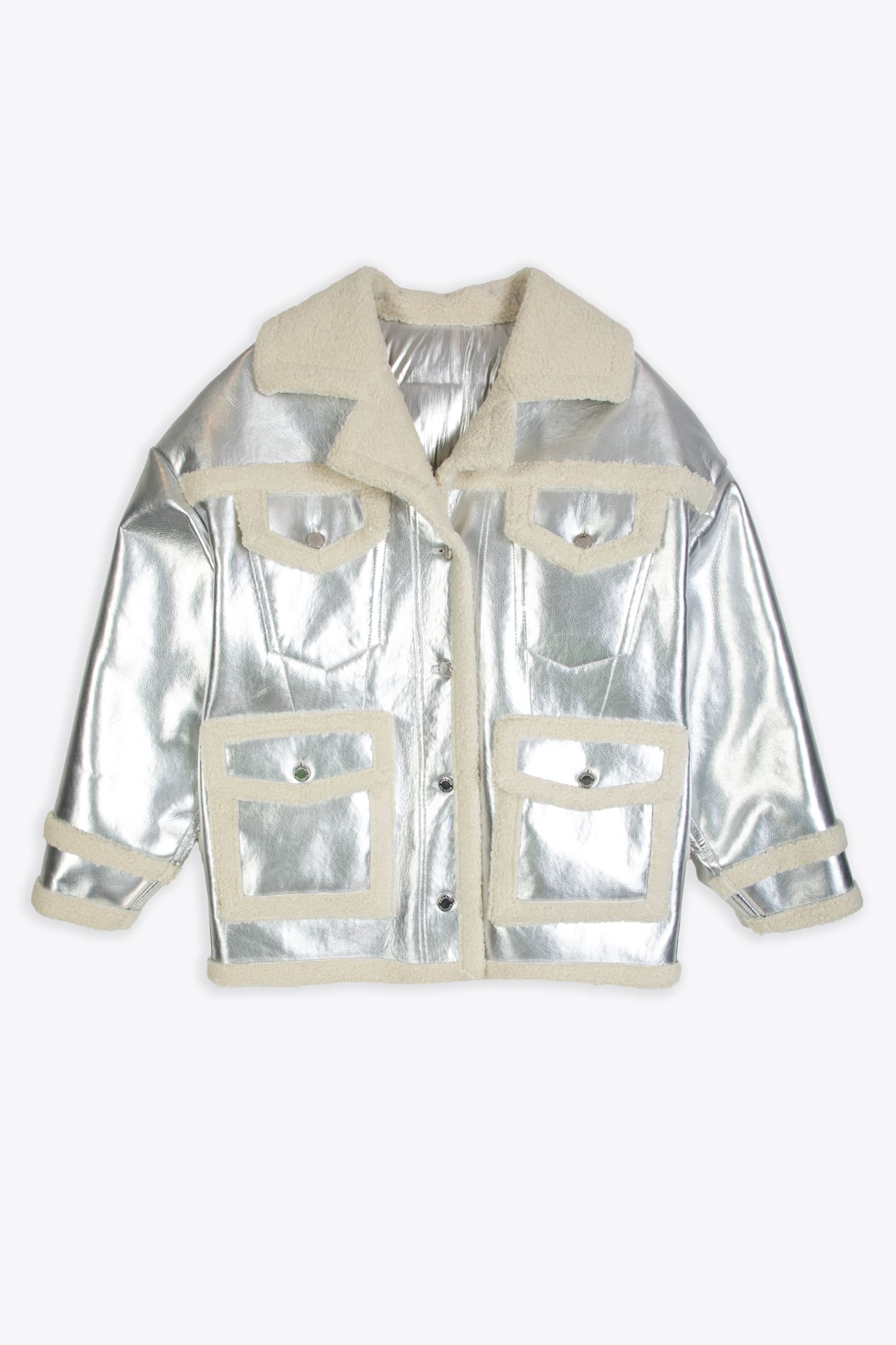 Silver Shearling Truck Coat Silver vinyl short coat with shearling - Silver Shearling Truck Coat