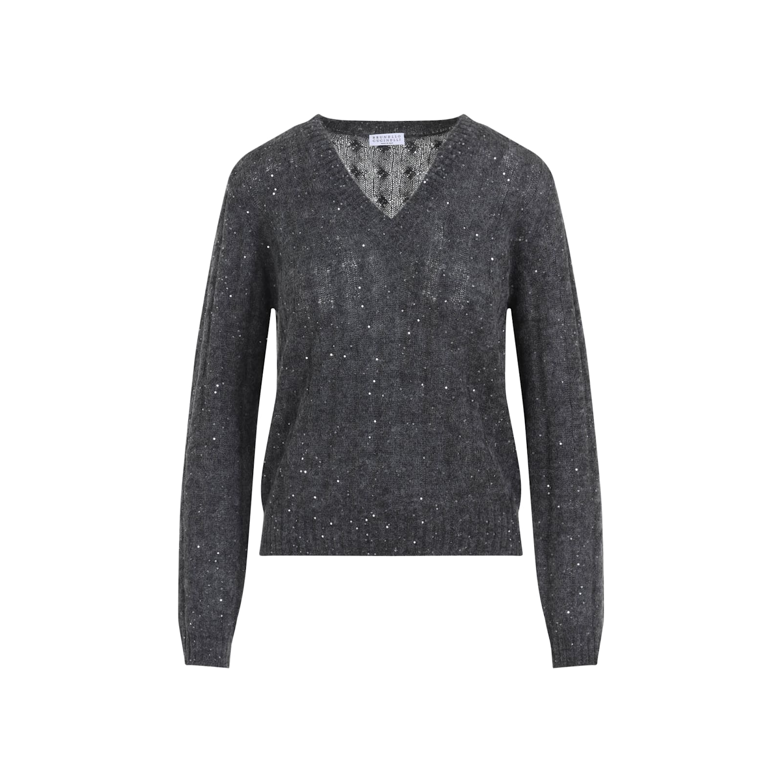 Brunello Cucinelli Textured Ribbed V-neck Sweater With Sparkling Details In Gray