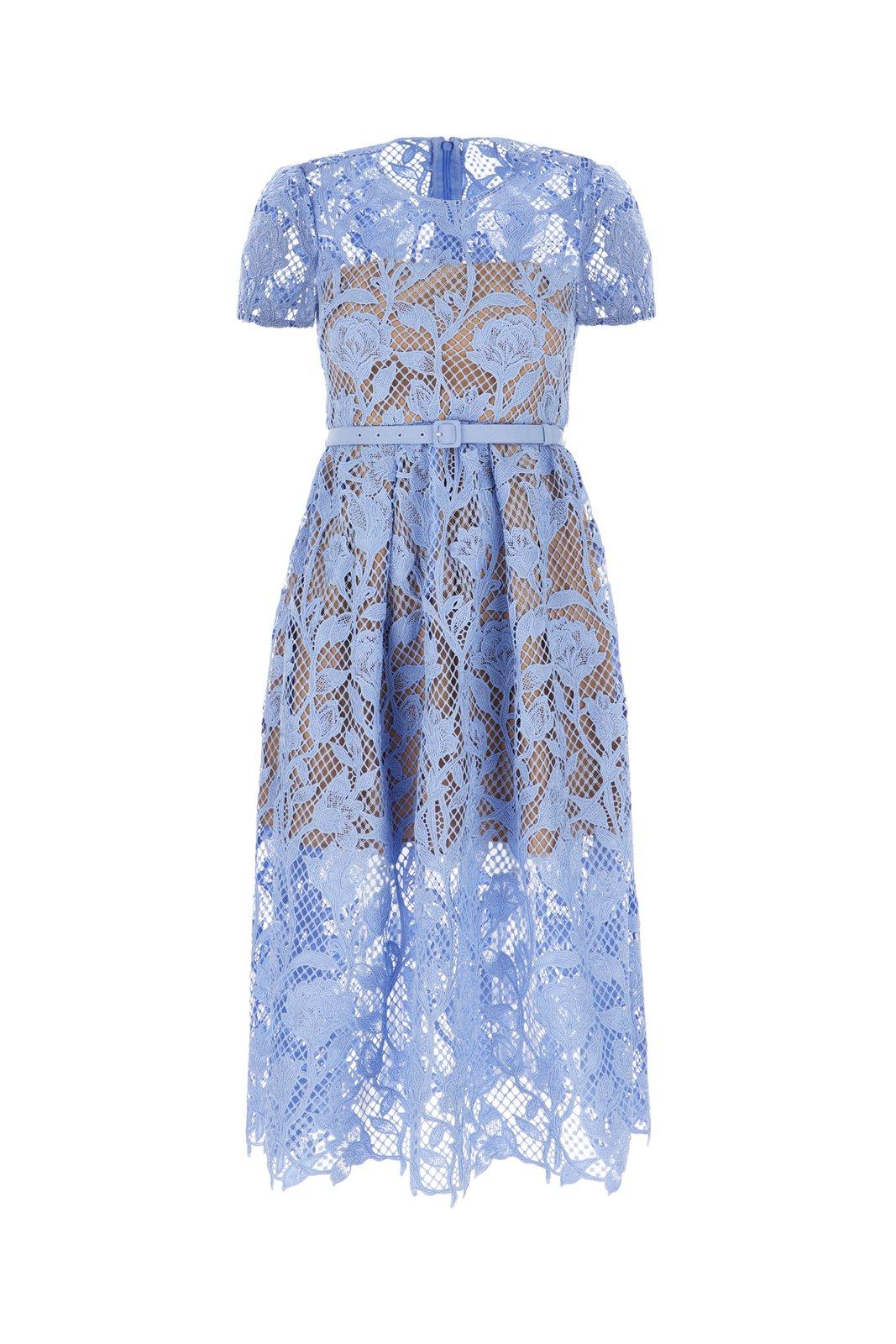 Shop Self-portrait Lace Detailed Short-sleeved Midi Dress In Blu