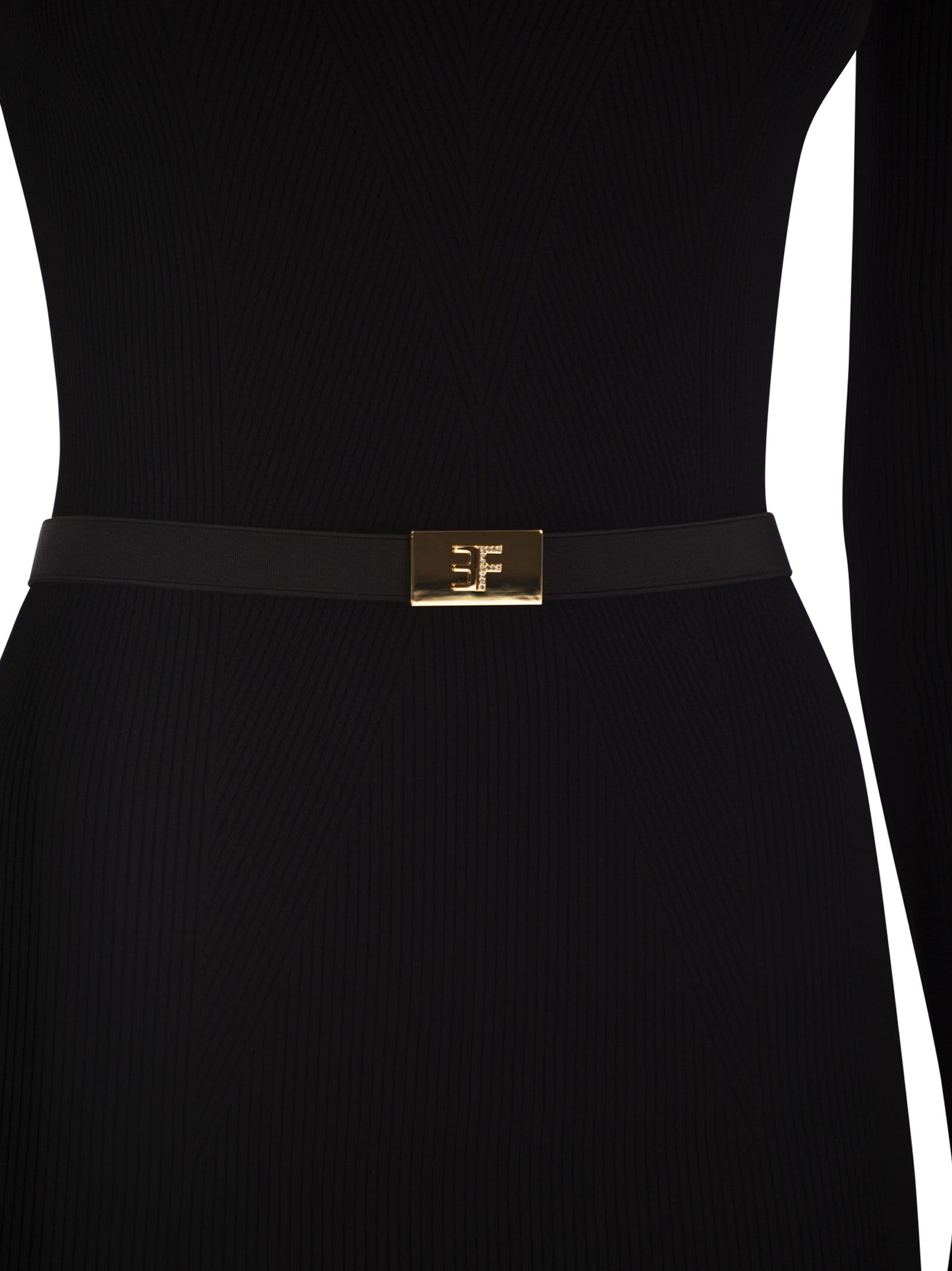 Elisabetta Franchi Dress In Ribbed Knit Fabric With Belt In Black
