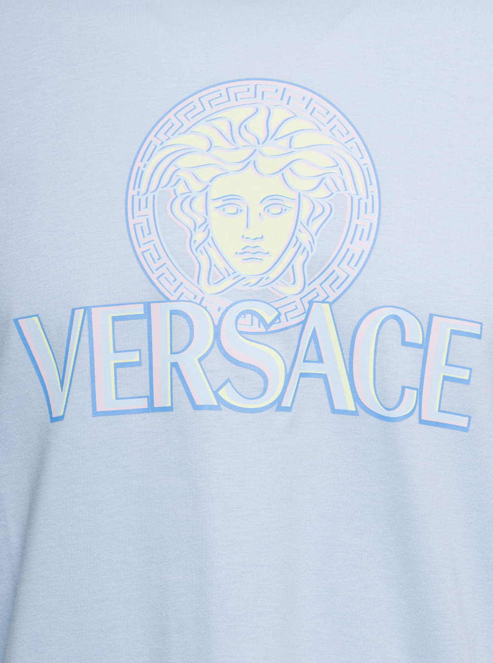 Shop Versace Light Blue Medusa T-shirt With Front Logo Print In Cotton Man