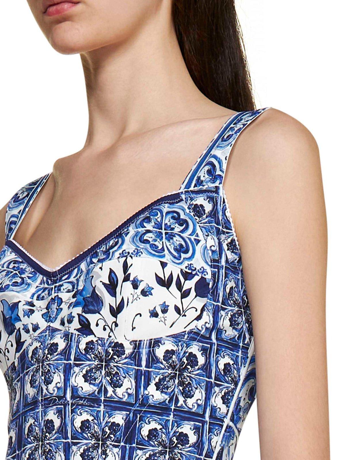 Shop Dolce & Gabbana Allover Printed Cropped Top In Mix Maiolica Blu