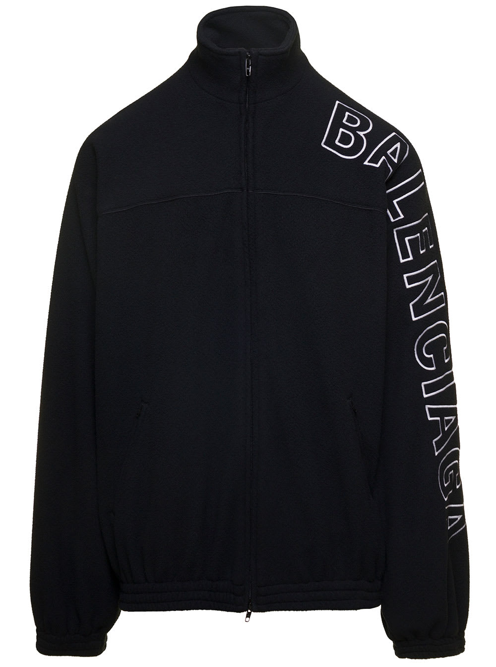 Balenciaga Black Oversized Jacket With Turtleneck And Contrasting Lettering In Brushed Fleece Man