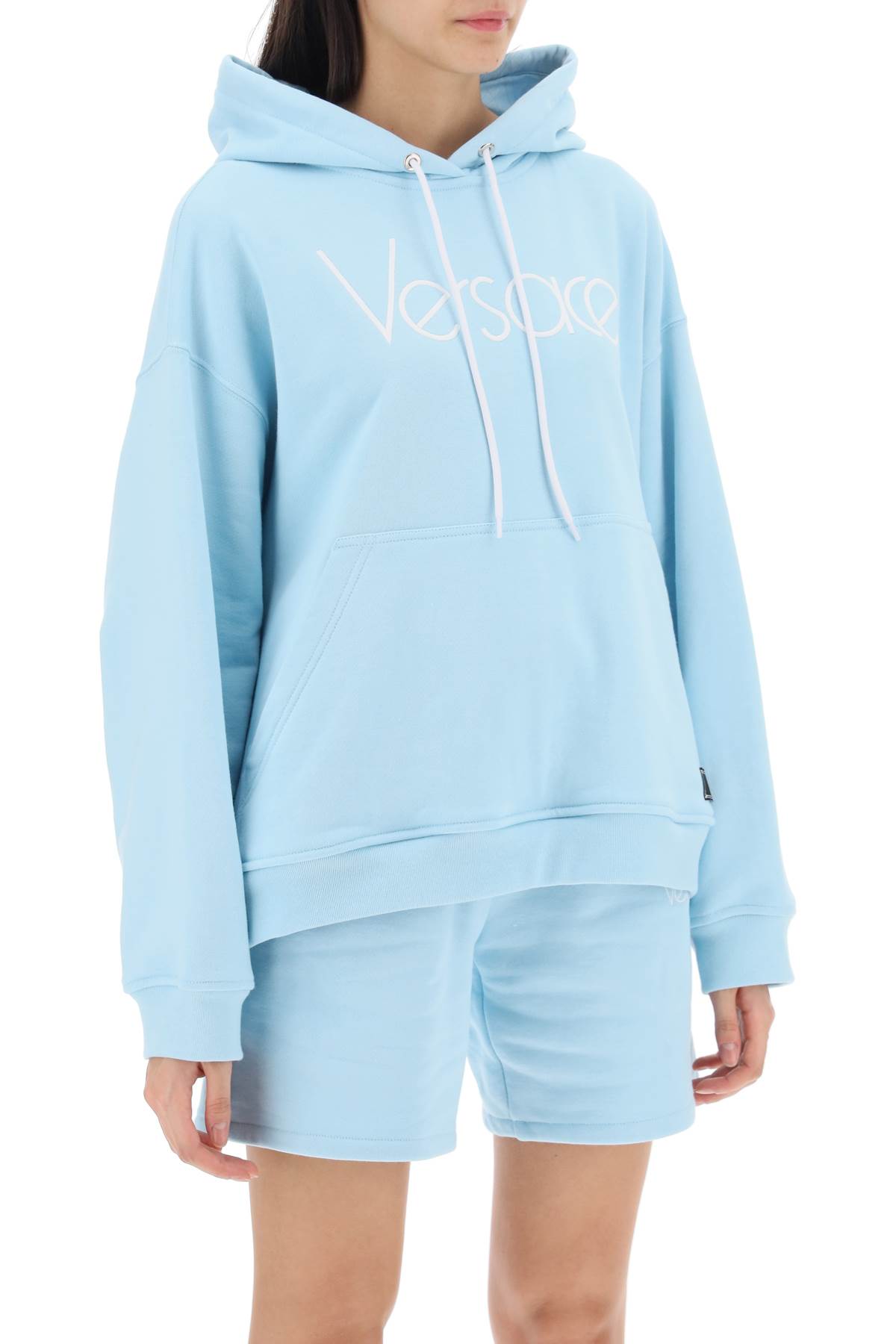 Versace 1978 Re-edition Logo-embroidered Hoodie In Pale Blue+bianco