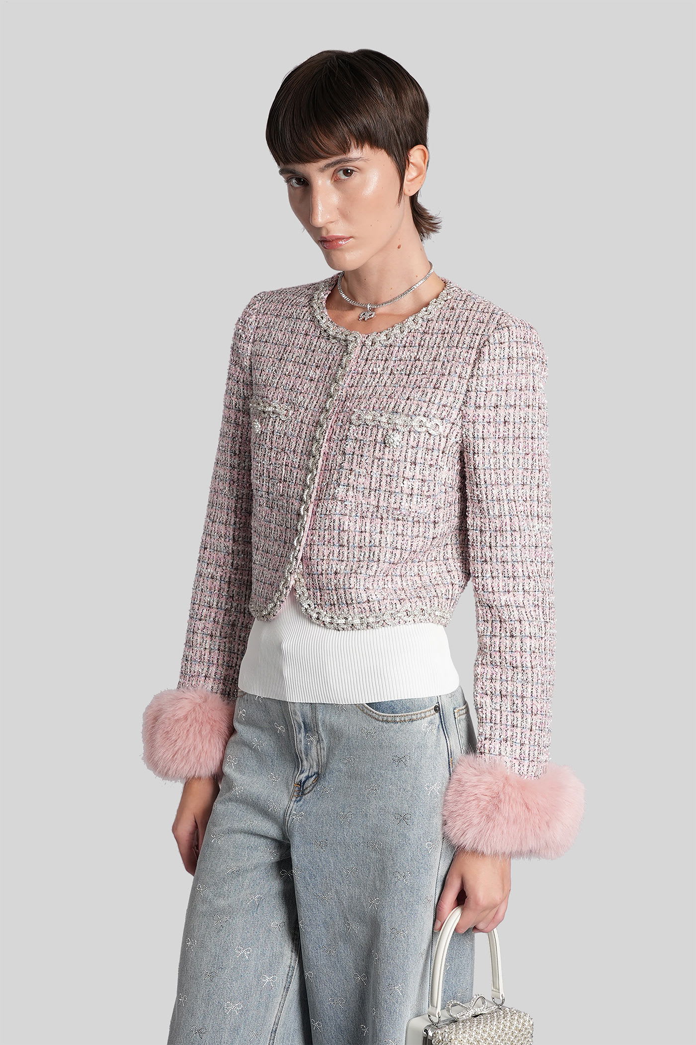 Self-portrait Self Portrait Crystal-embellished Tweed Jacket In Multi