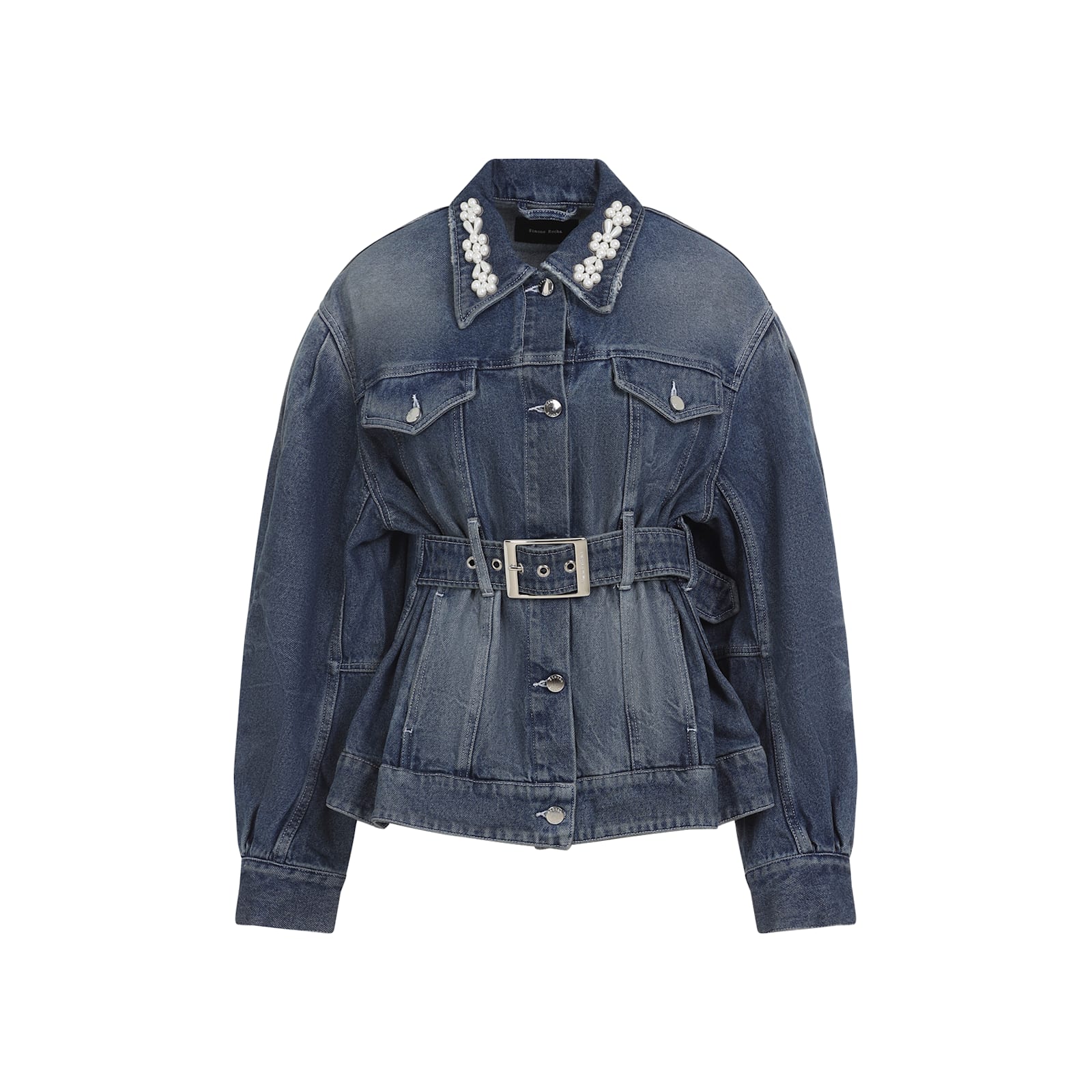 Simone Rocha Denim Jacket With Belt And Embellished Collar In Blue
