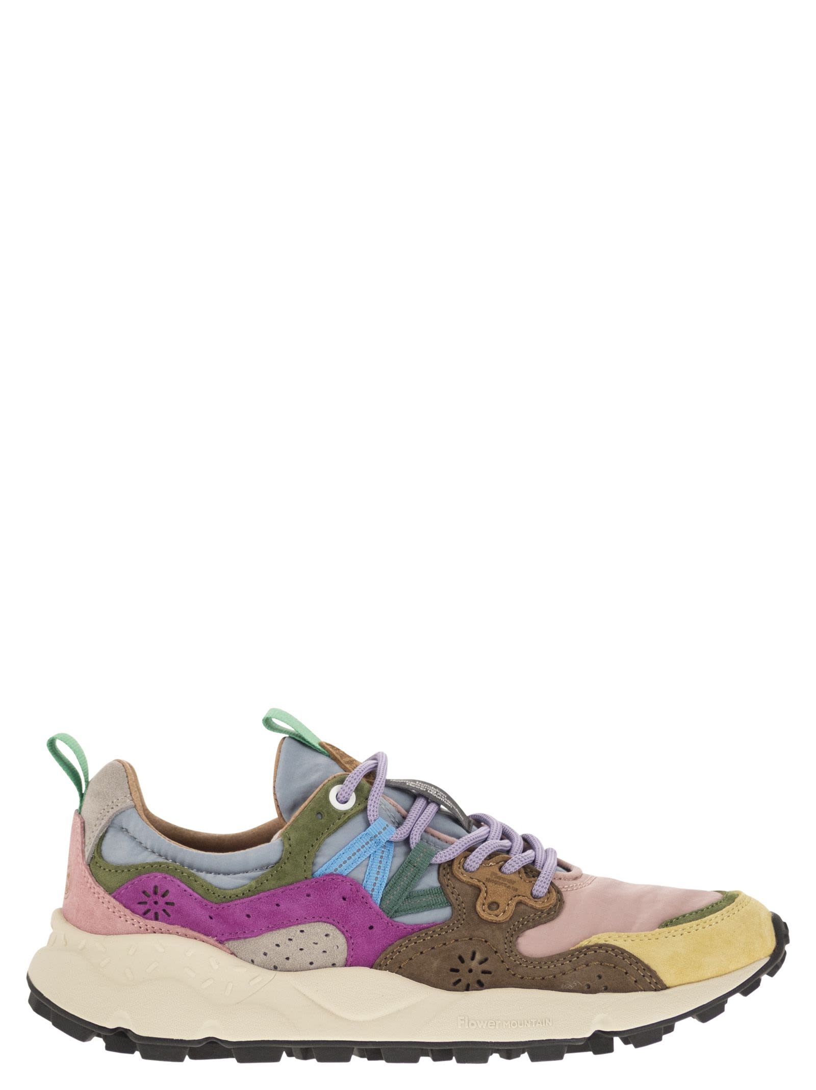 Shop Flower Mountain Yamano 3 - Sneakers In Suede And Technical Fabric In Pink/yellow