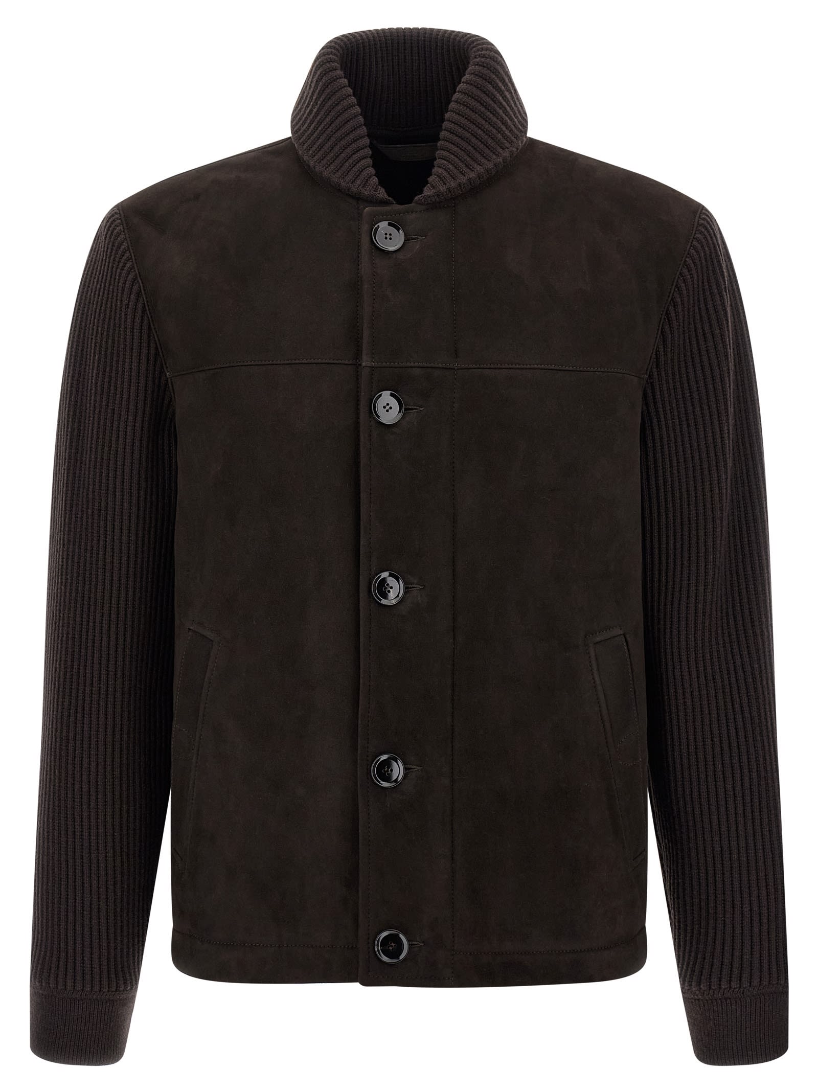 Brioni Ribbed-sleeve Suede Bomber Jacket In Brown