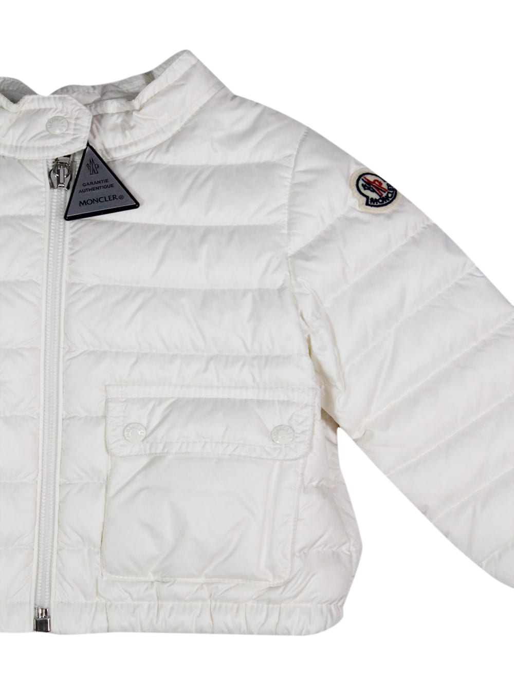 Shop Moncler Lightweight 100 Gram Lans Long-sleeved Down Jacket With Front Zip Closure And Front Pockets. Logo On In White
