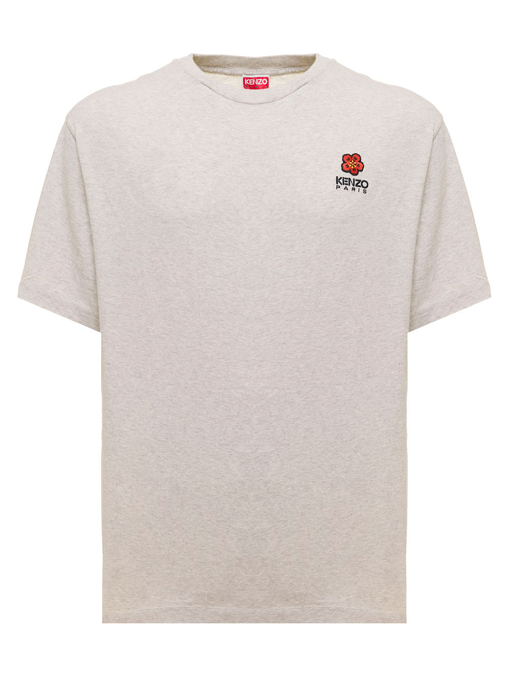 KENZO CREST MELANGE GRAY COTTON T-SHIRT WITH KENZO MENS LOGO PATCH