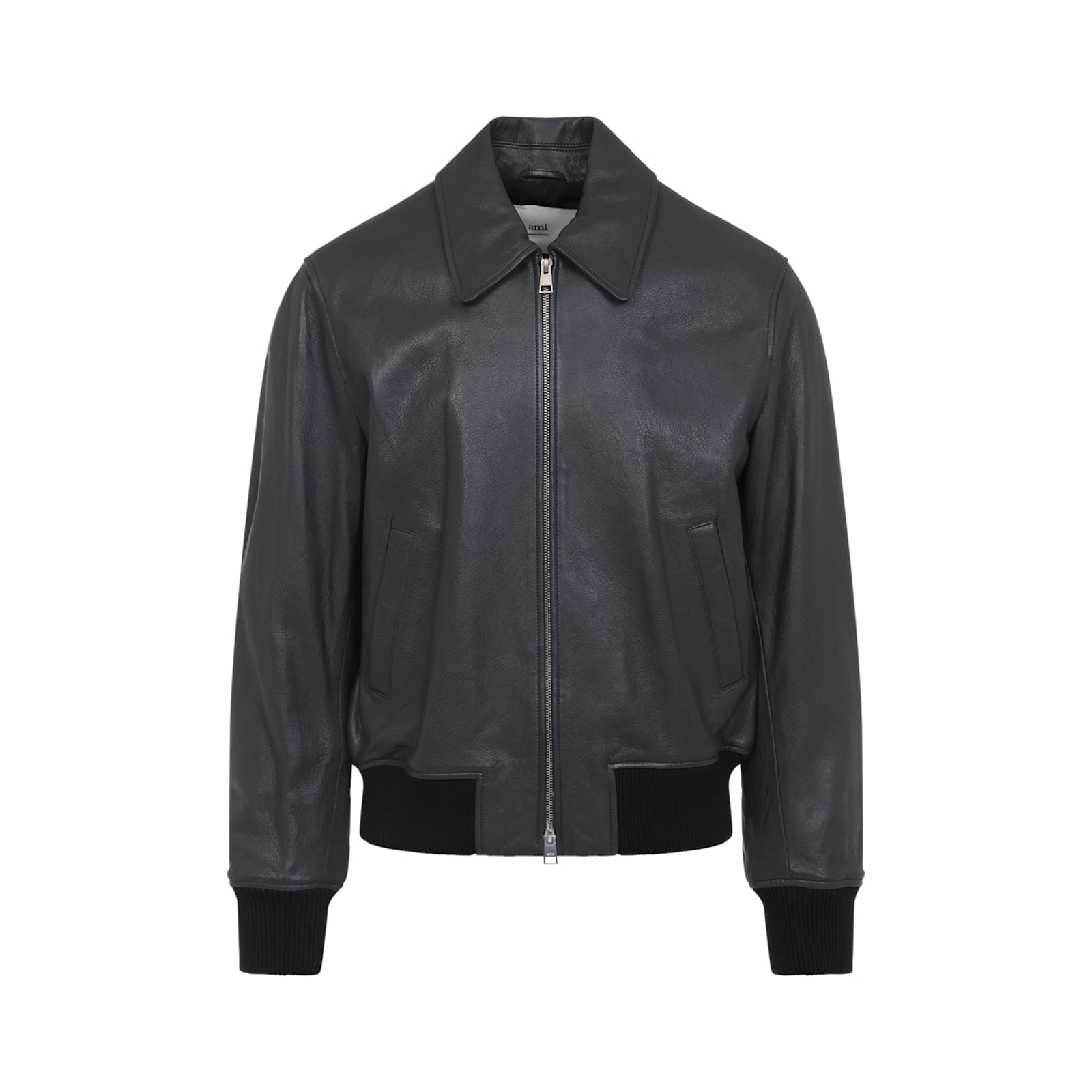 Ami Alexandre Mattiussi Mens Anthracite Regular-fit Spread-collar Leather Jacket In Black