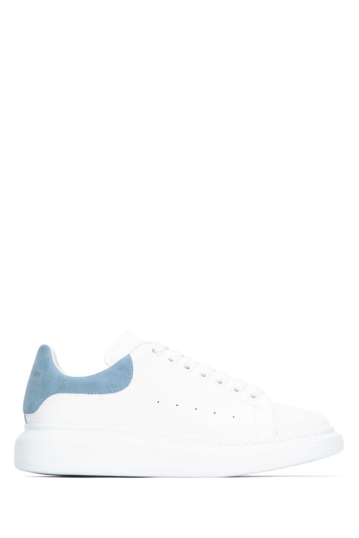 Shop Alexander Mcqueen White Leather Sneakers With Pastel Light Blue Sued In White Powderblue