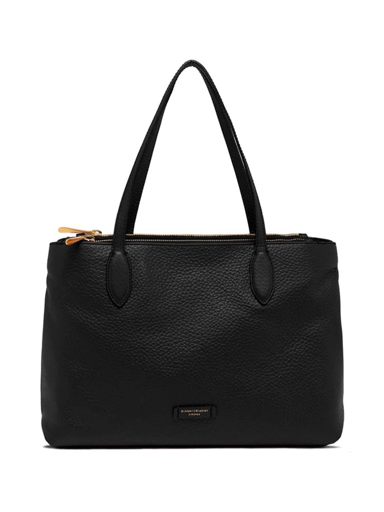 Shop Gianni Chiarini Leather Mara Shopping Bag, Double Zip Closure In Nero