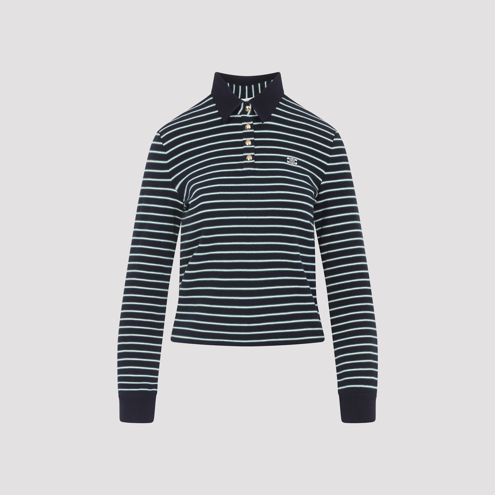 Celine Blue And Green Triomphe Ls Cotton Polo In Multi