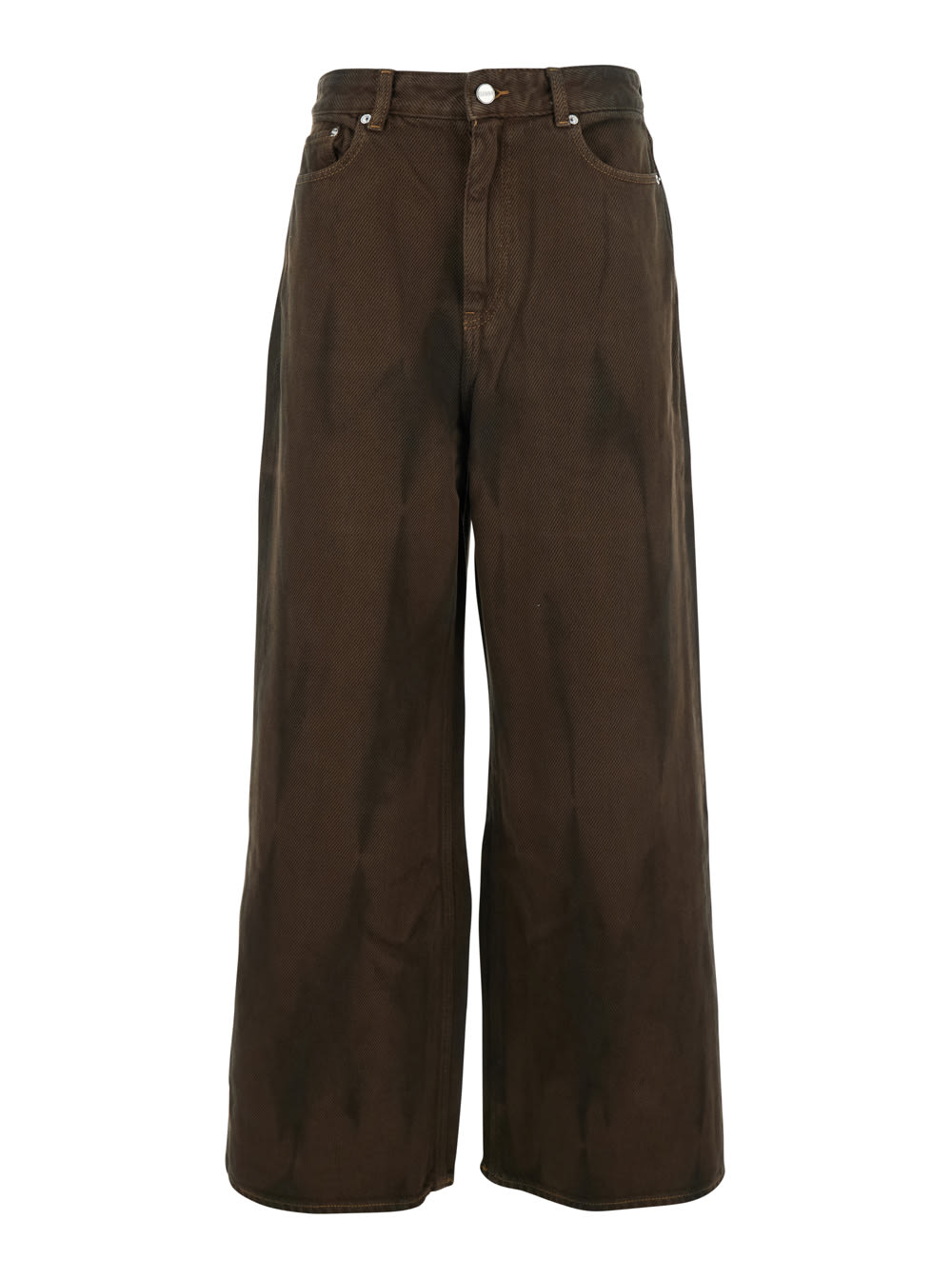 Ganni Brown Jeans With Tie-dye Pattern And Logo Patch On Back In Denim Woman