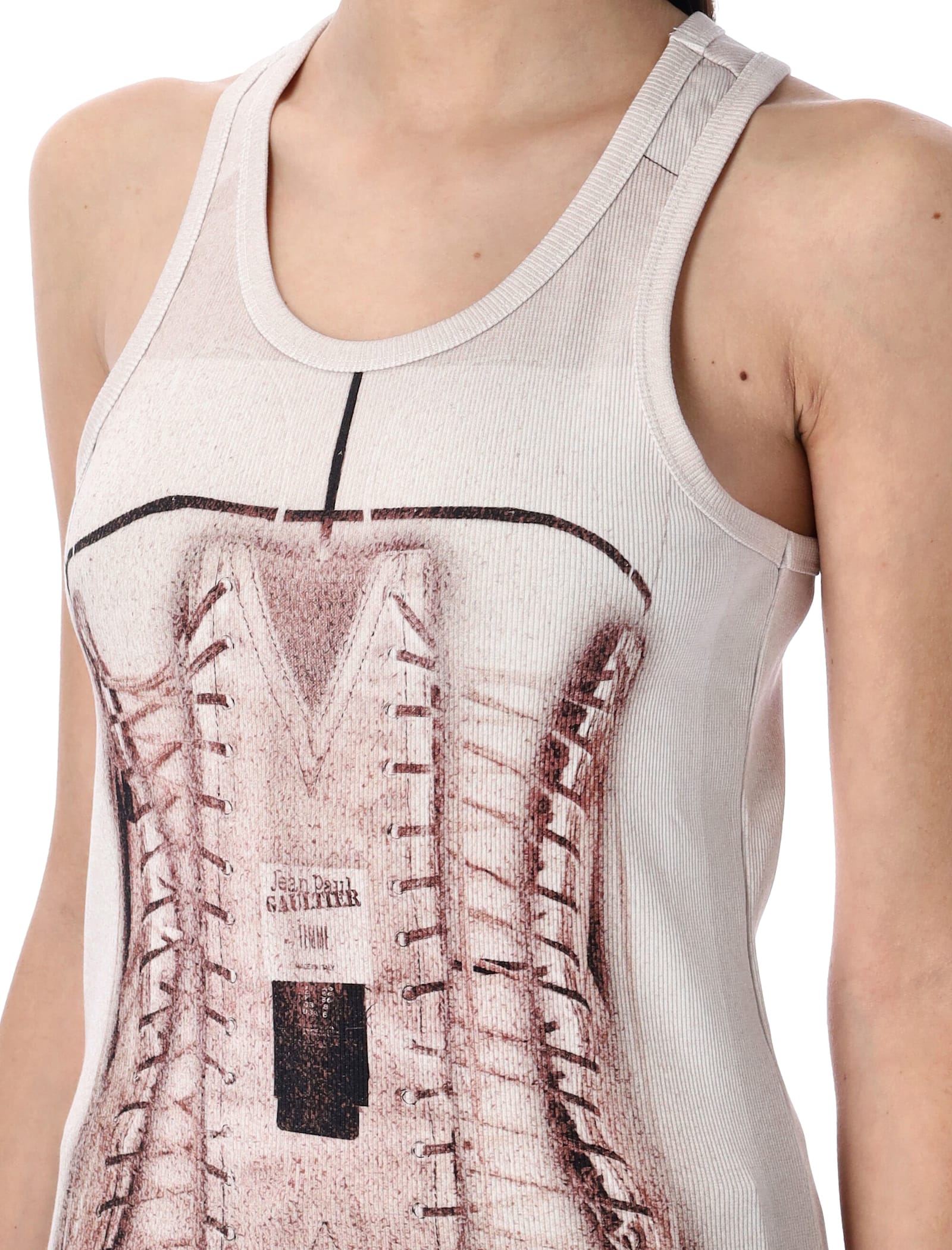 Jean Paul Gaultier Cotton Ribbed Tank Top Printed ''trompe L'ceil Corset'' In Dusty Pink
