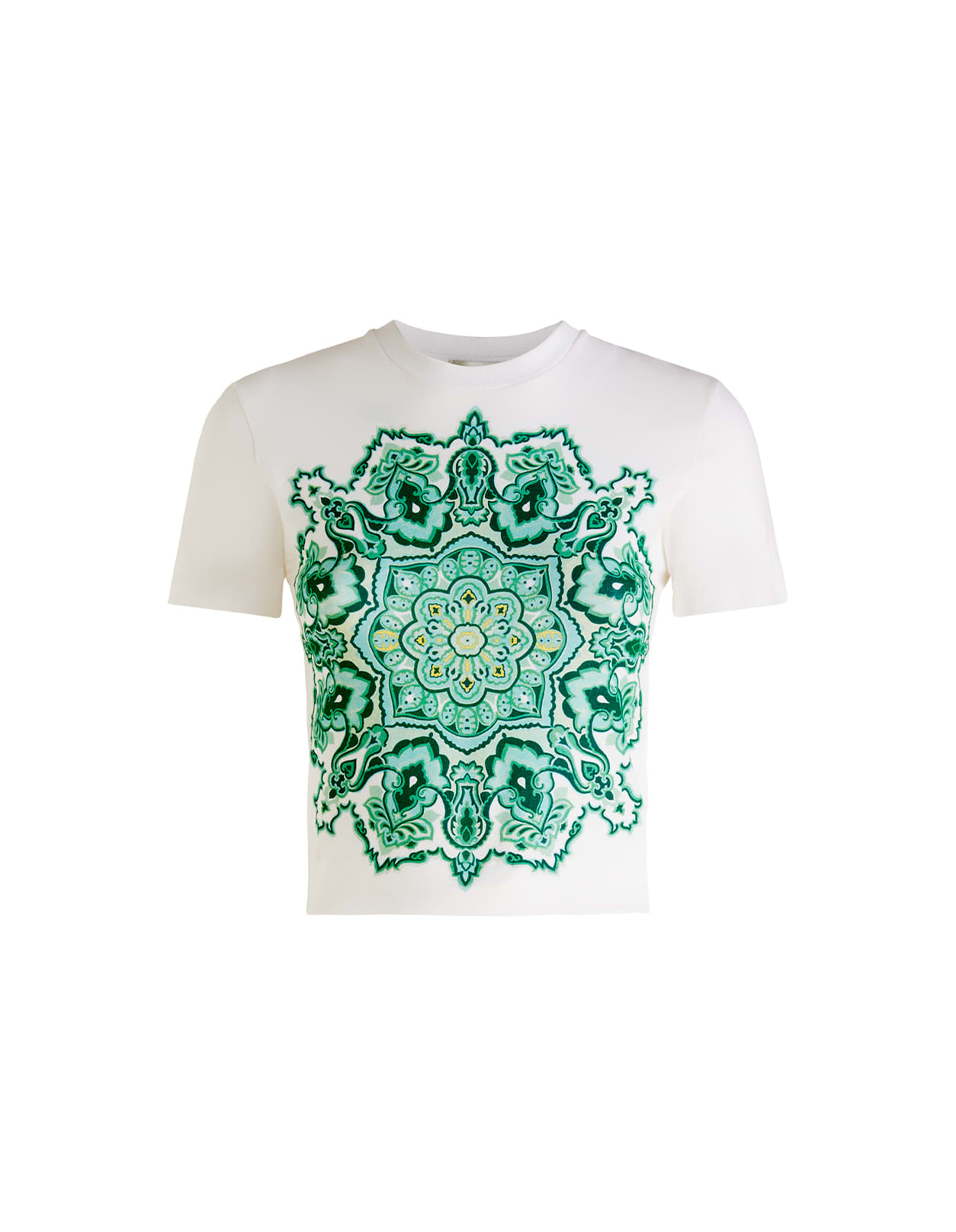 Etro White Crop T-shirt With Green Mandala Print