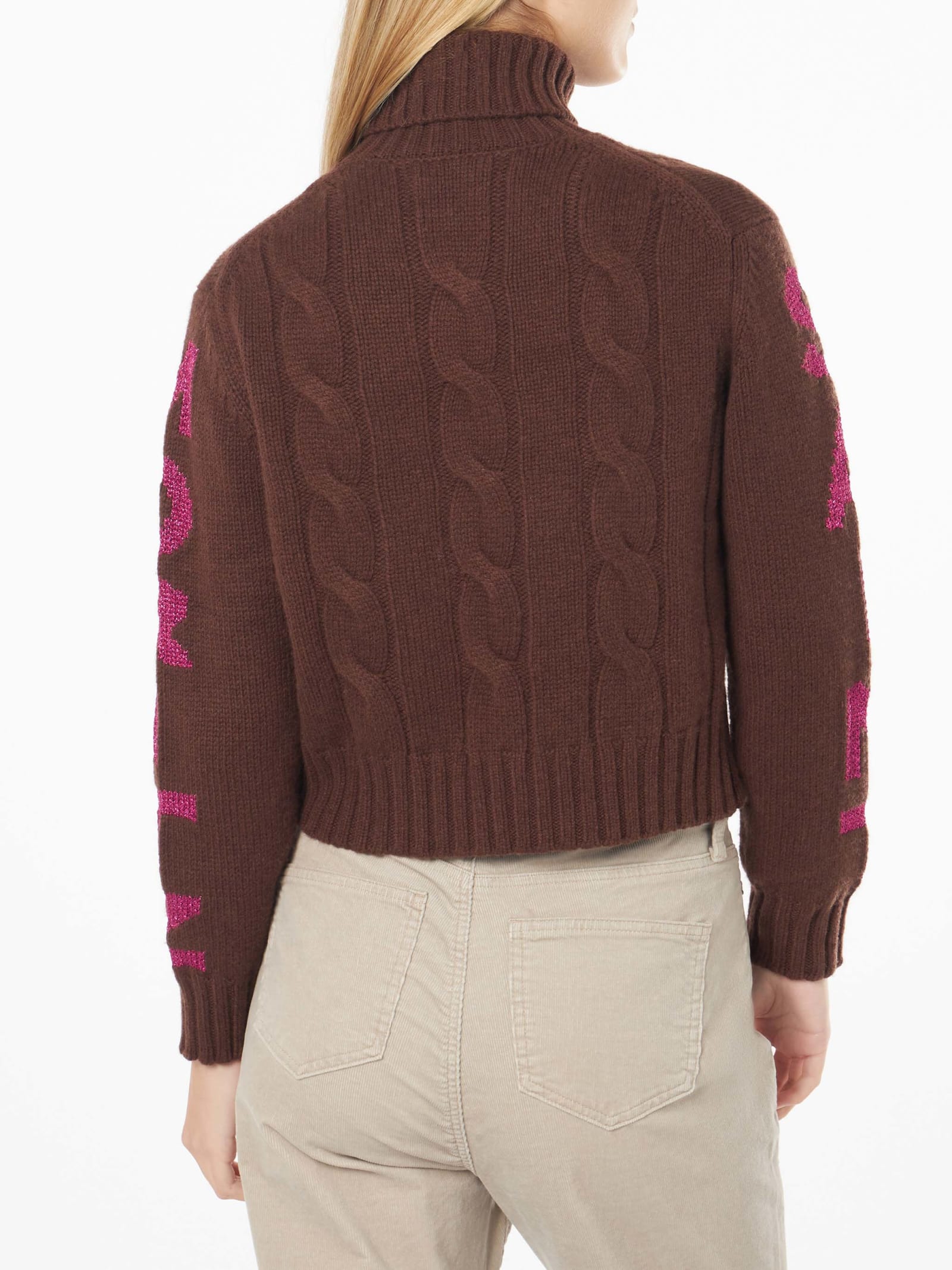 Mc2 Saint Barth Woman Turtleneck Braided Sweater With Saint Moritz Jacquard In Brown