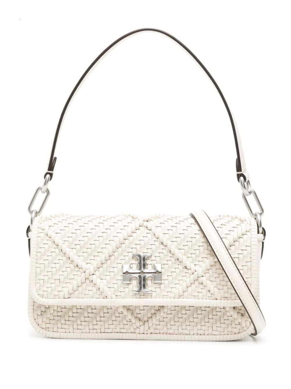 TORY BURCH NEW IVORY KIRA SMALL SHOULDER BAG WITH FLAP AND DIAMOND BRAID