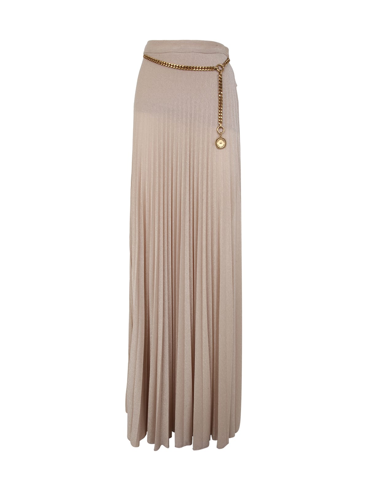 Elisabetta Franchi Pleated Long Skirt With Chain Belt In Gold