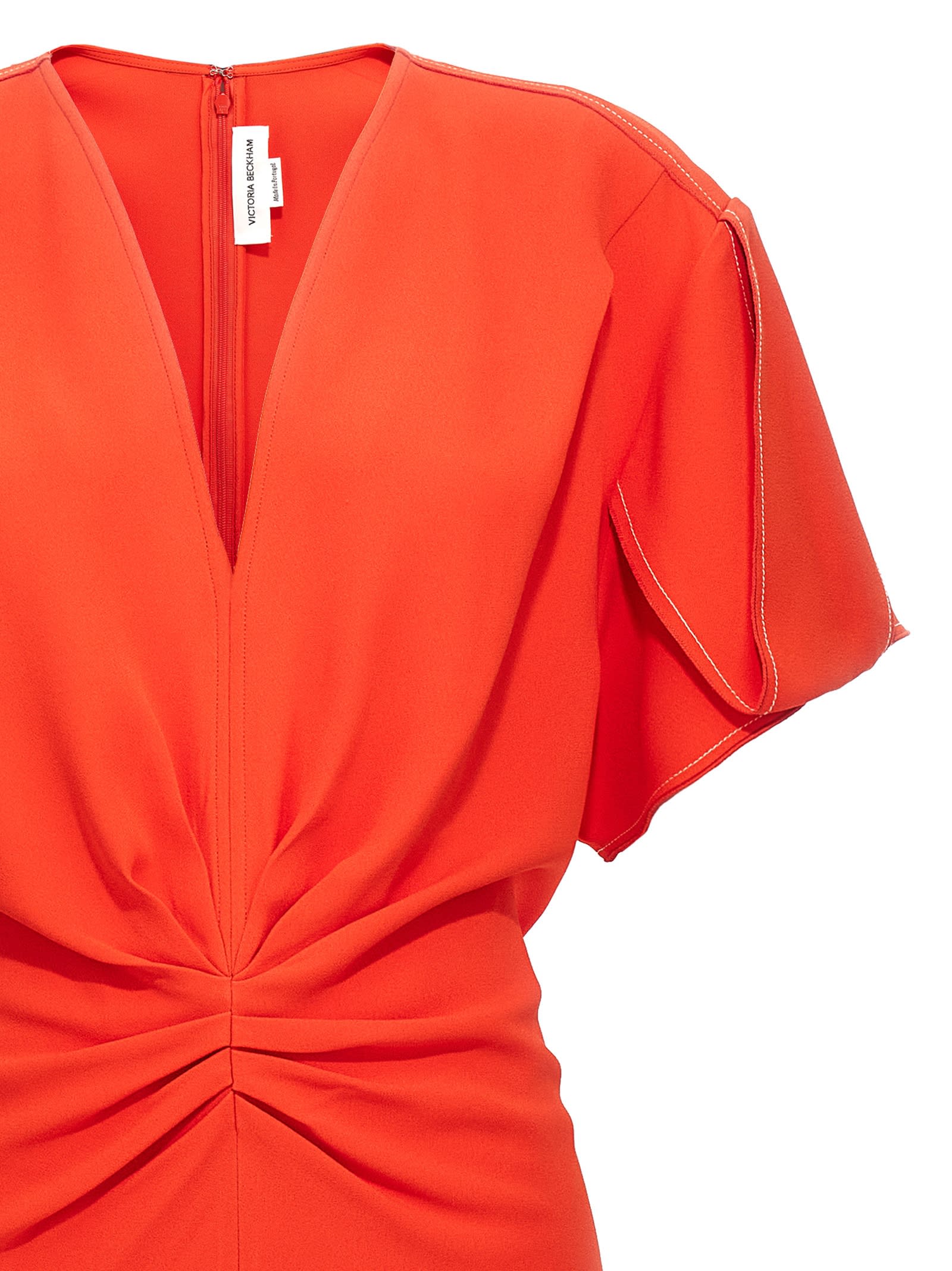 Victoria Beckham Gathered V Neck Midi Dress Tomato