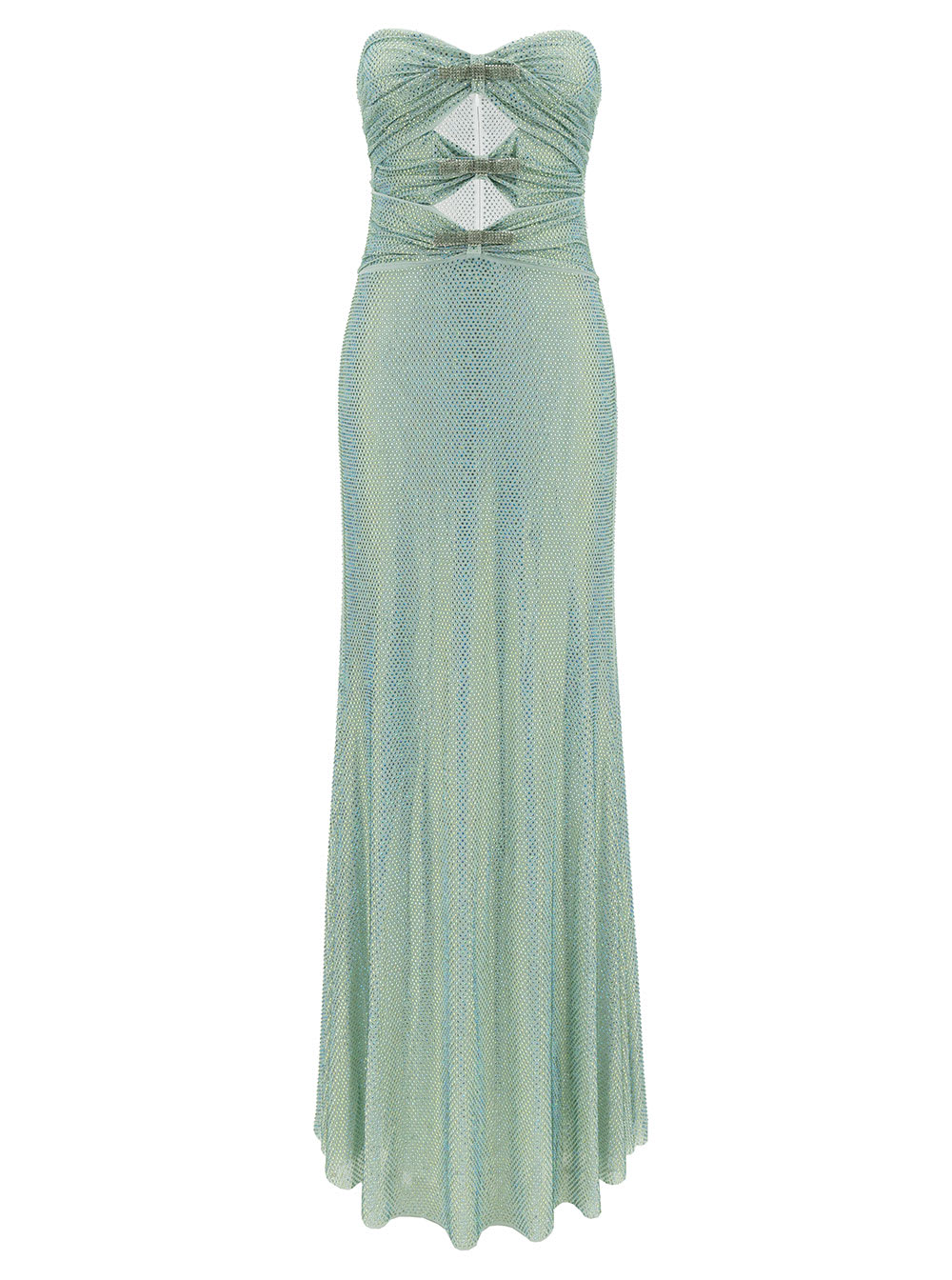 Shop Self-portrait Maxi Green Dress With Cut-out And All-over Rhinestones In Stretch Fabric Woman