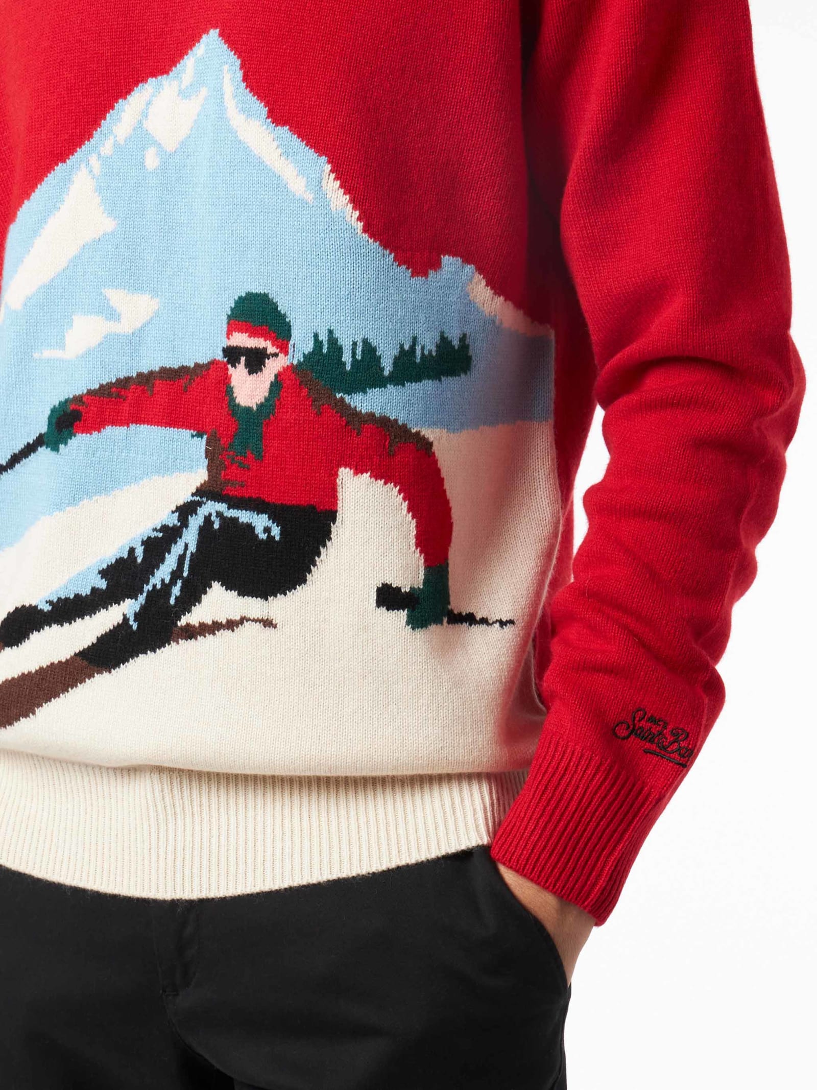 Mc2 Saint Barth Man Crewneck Sweater With Aspen Postcard Jacquard Print In Red