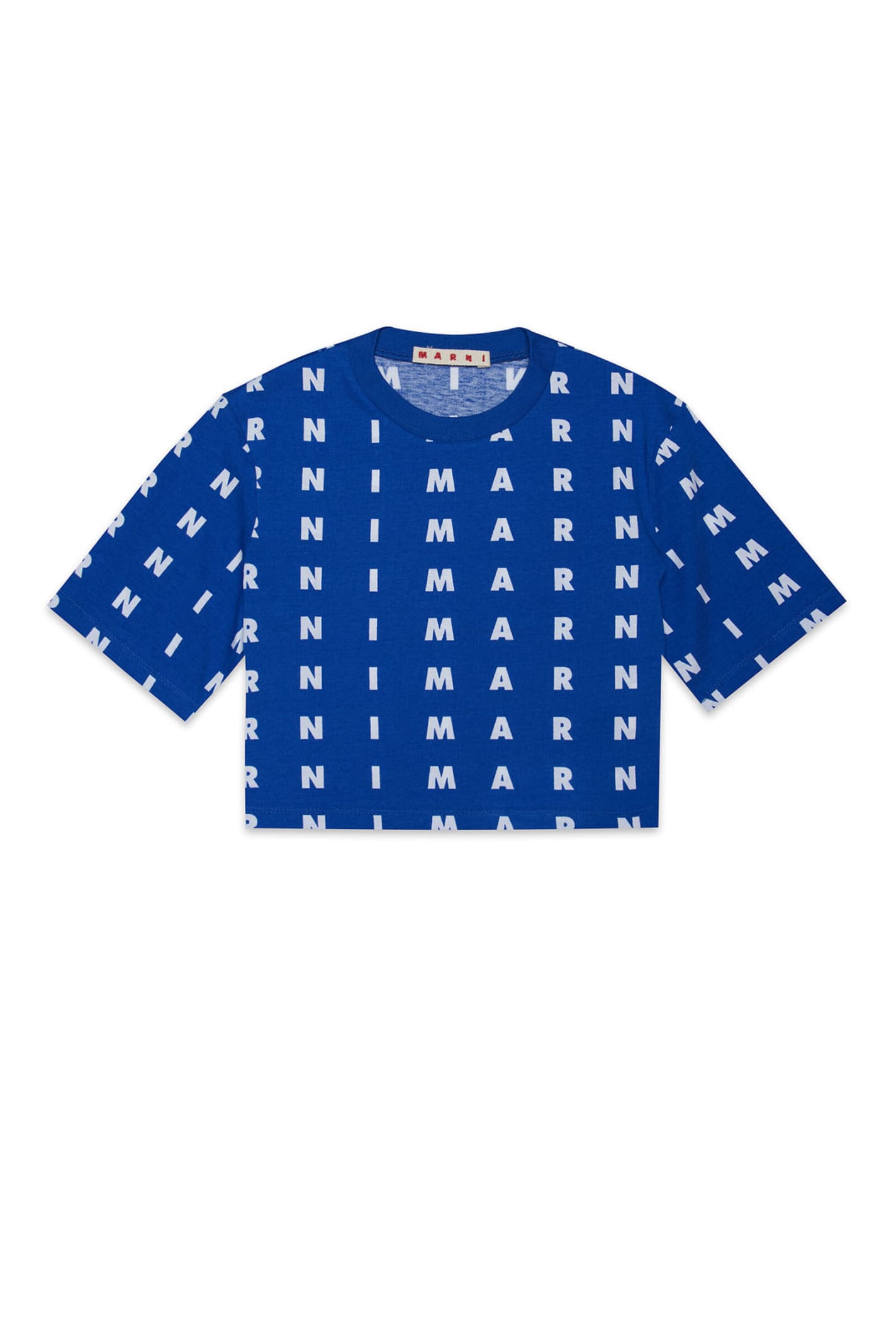 MARNI MT215F T-SHIRT MARNI BLUE CROPPED JERSEY T-SHIRT WITH SMALL ALLOVER LOGO