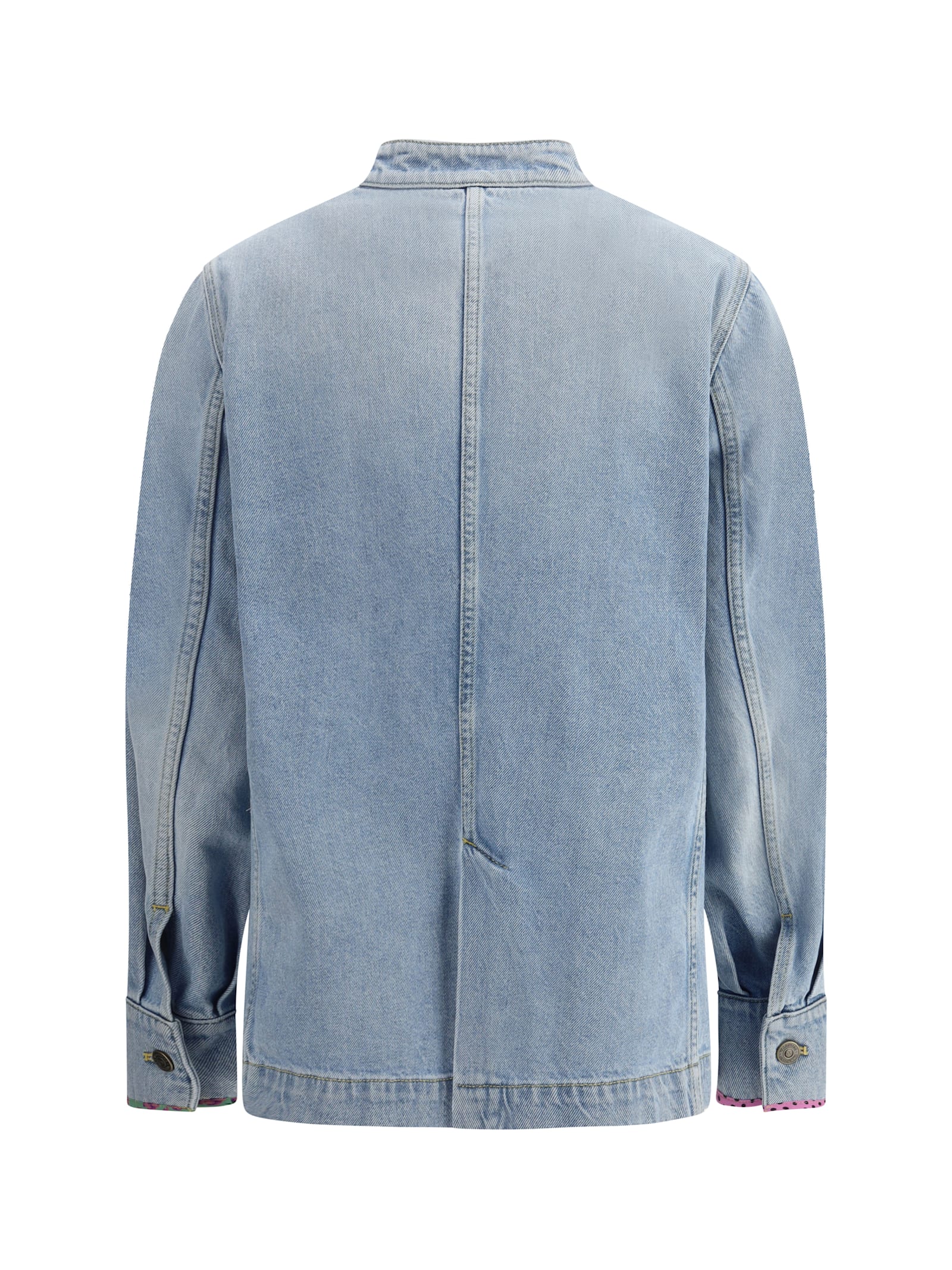 Valentino Embellished Printed Chiffon-trimmed Denim Jacket In Blue