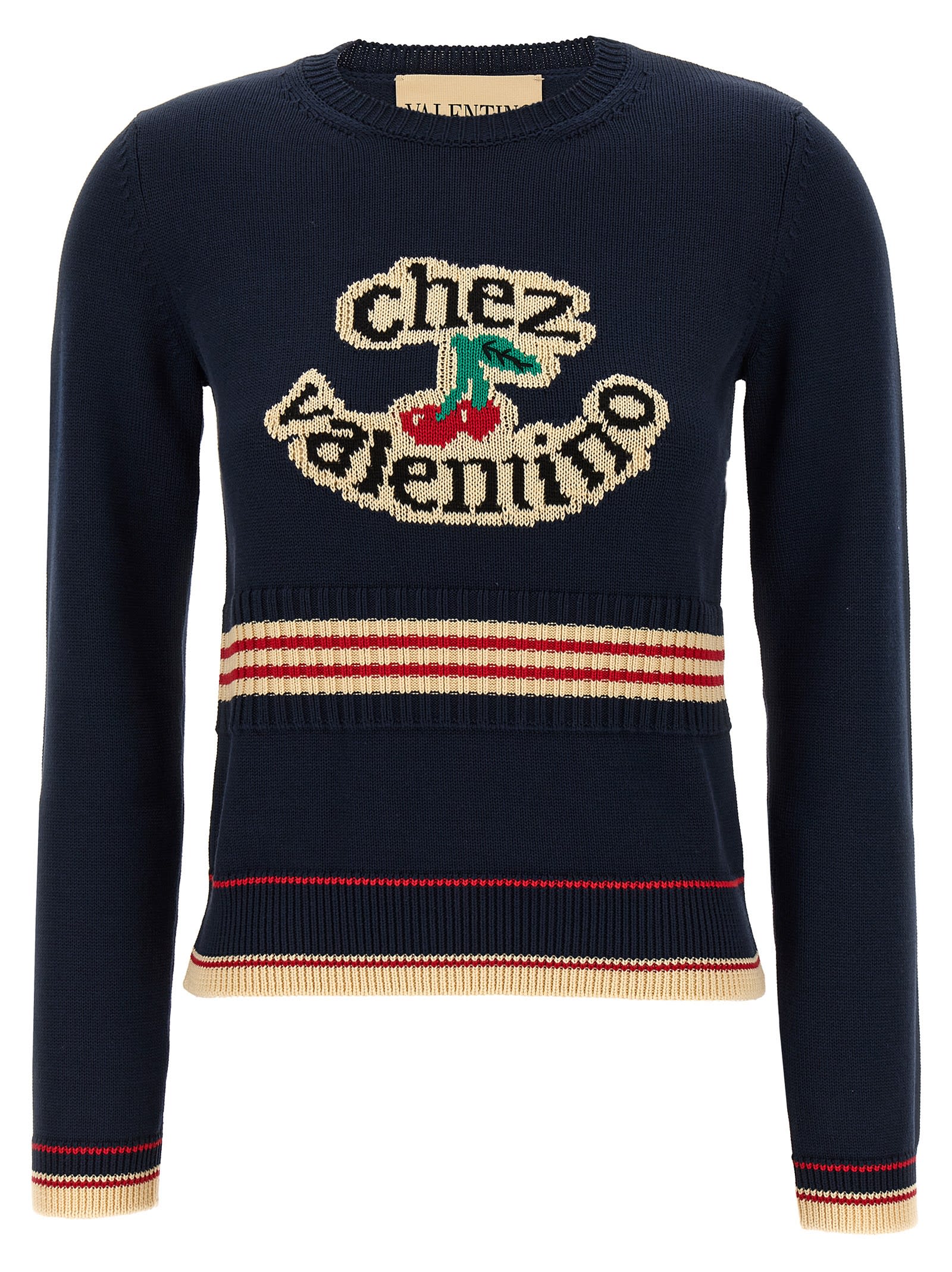 Valentino Cotton Sweater Crew Neck Long Sleeves In Blue