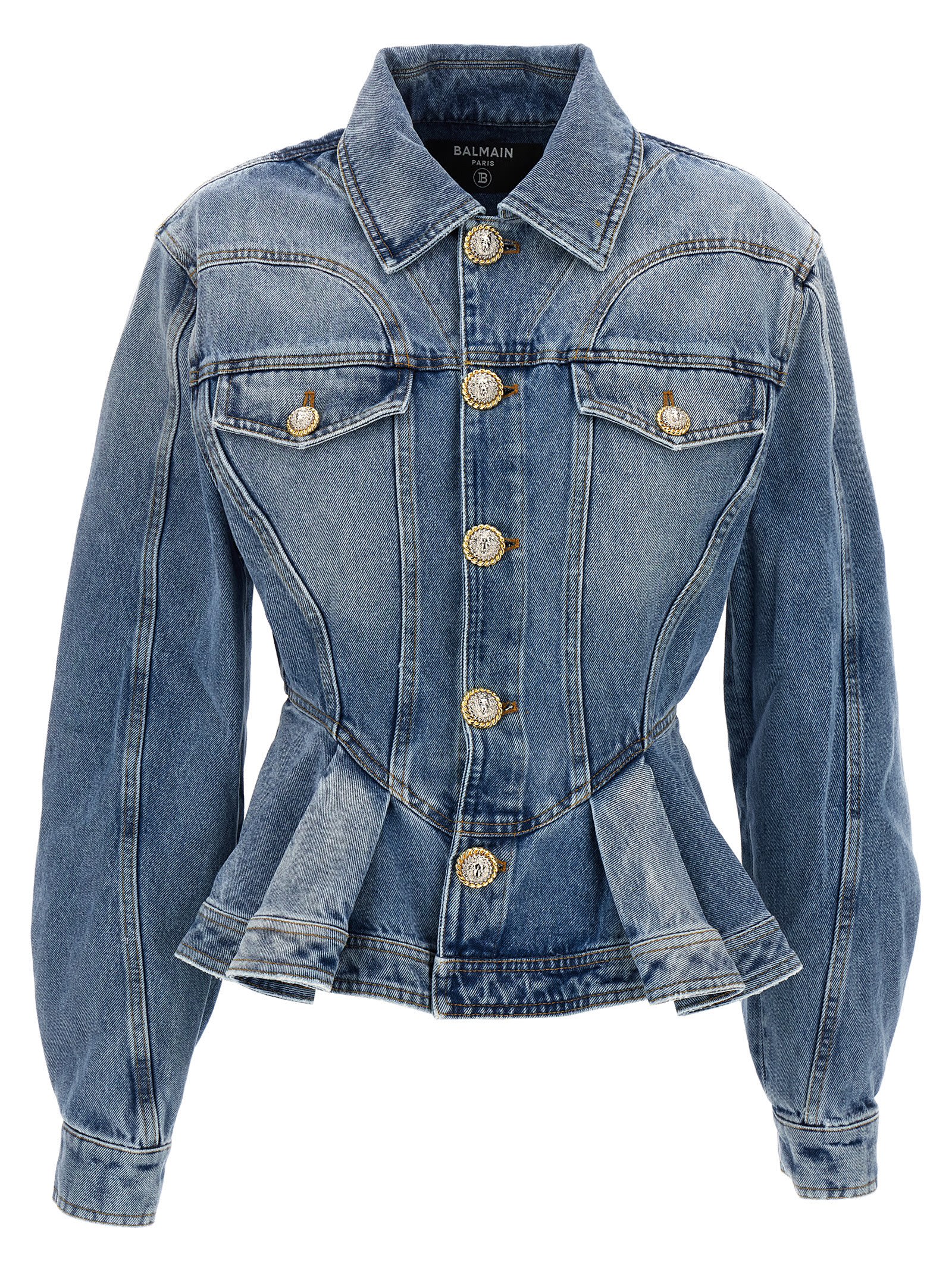 Shop Balmain Peplum Denim Jacket In Light Blue