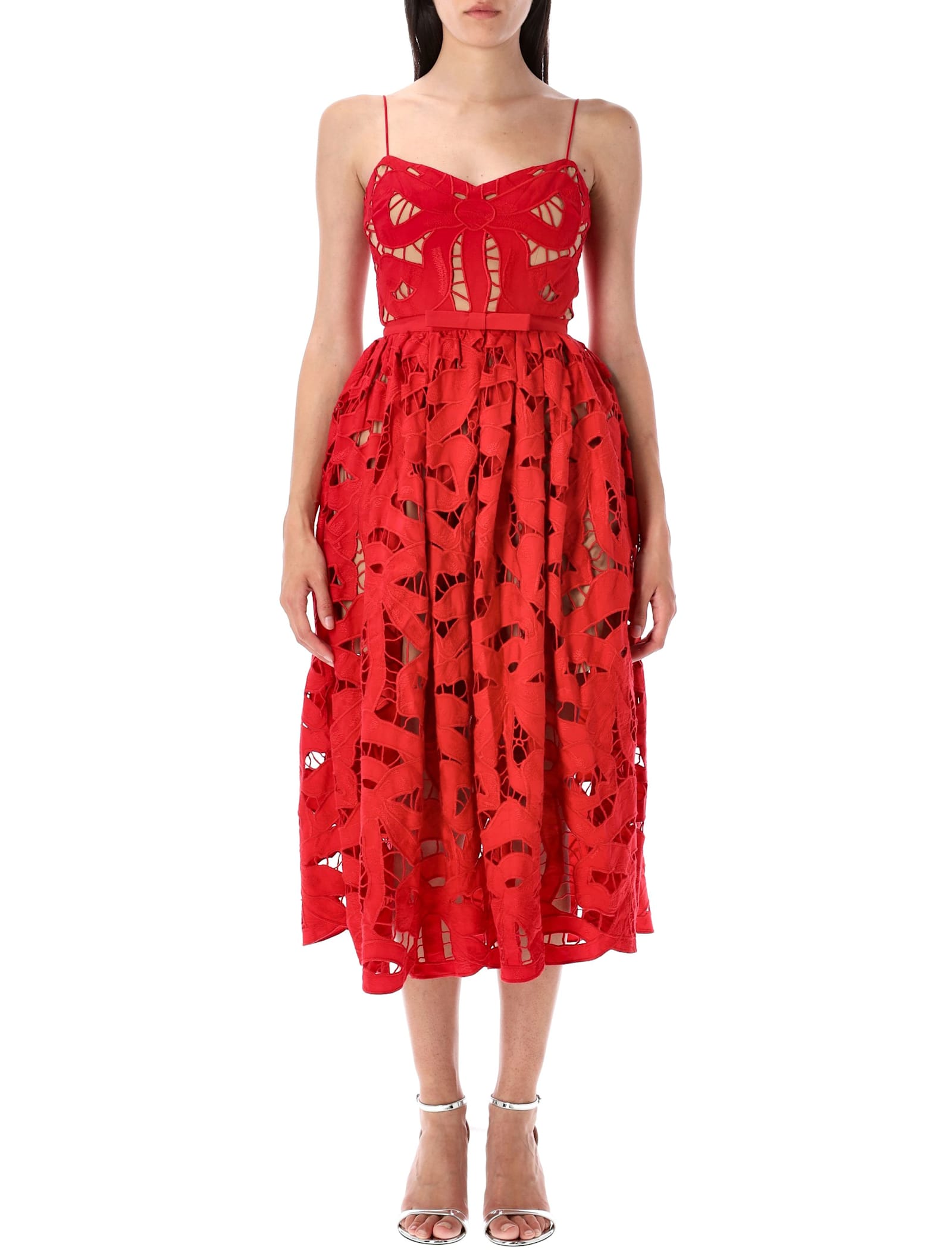 Self-portrait Embroidered Midi Dress With Bow In Red