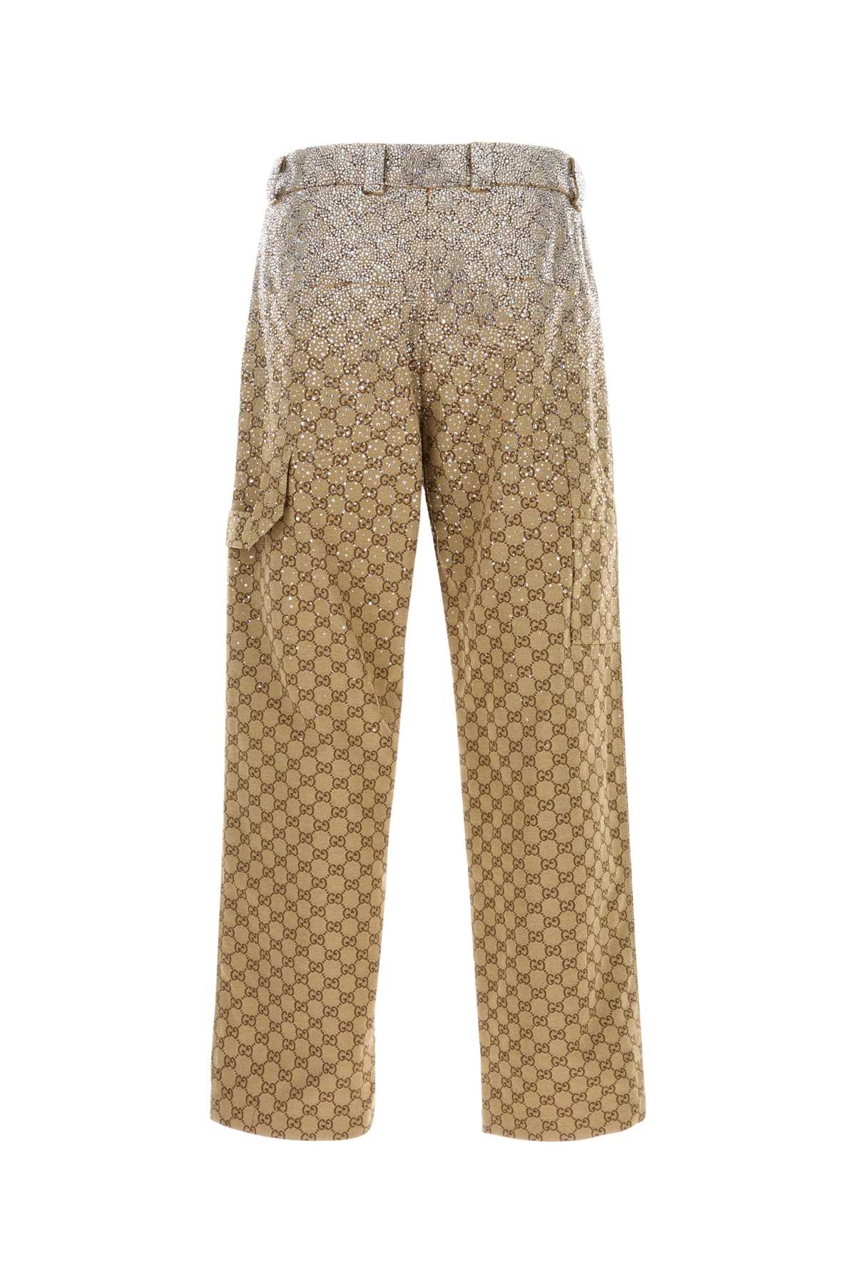 Gucci Wide Leg High Waist Trousers With All-over Pattern In Camel