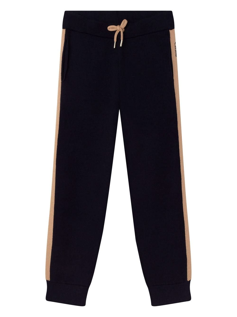 CHLOÉ KIDS NAVY BLUE JOGGERS WITH CONTRAST STRIPES
