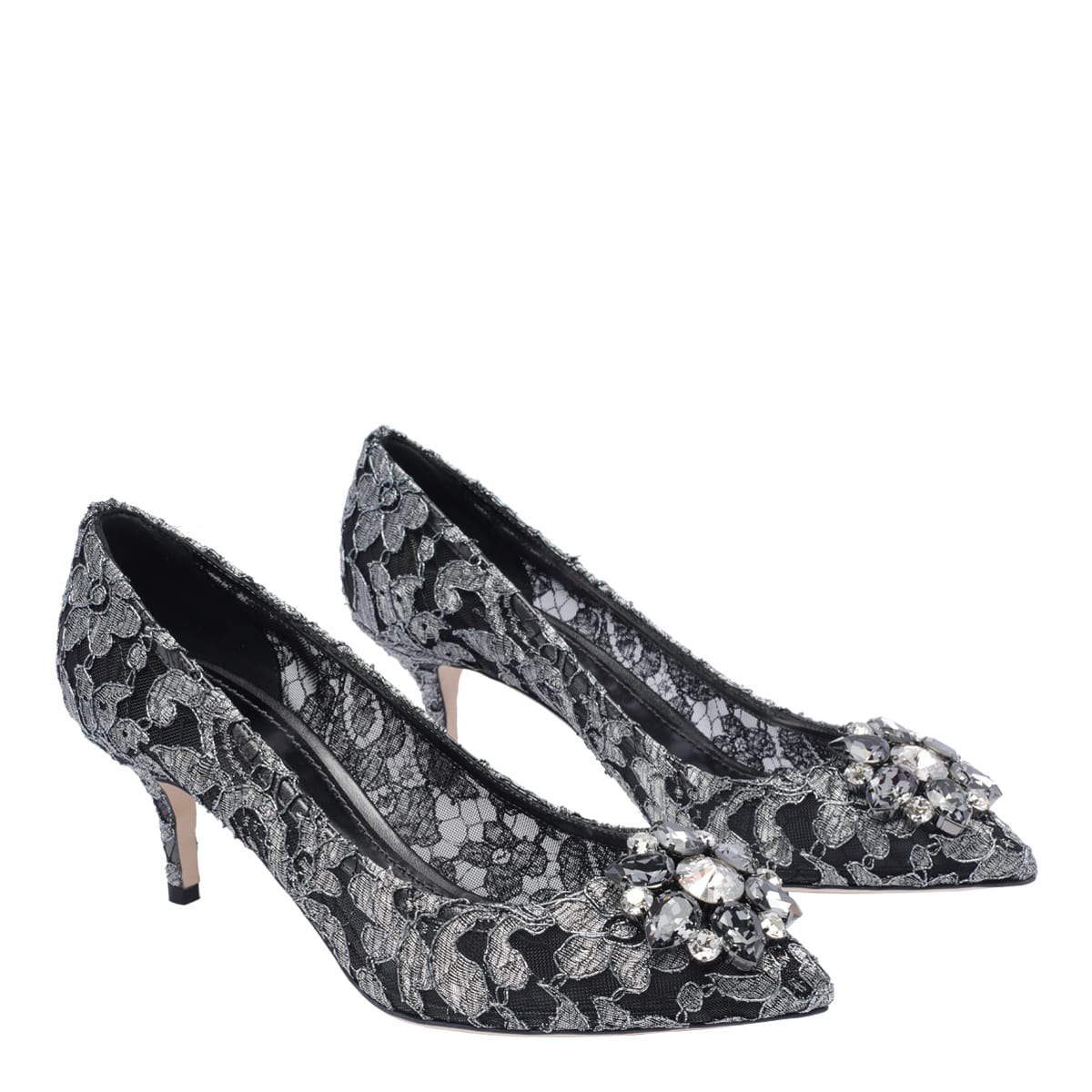 Dolce & Gabbana Bellucci 60 Lurex Lace Pumps With Brooch Detail In Grey
