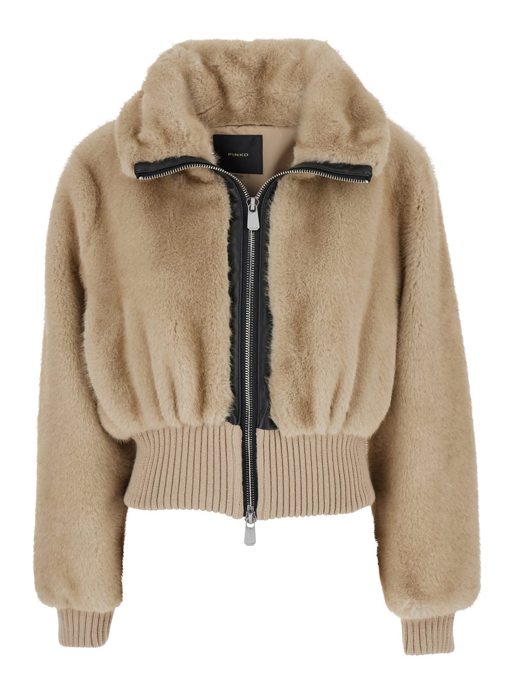 Pinko Bagels Beige Bomber Jacket With Front Zip Closure In Ecofur Woman In Brown