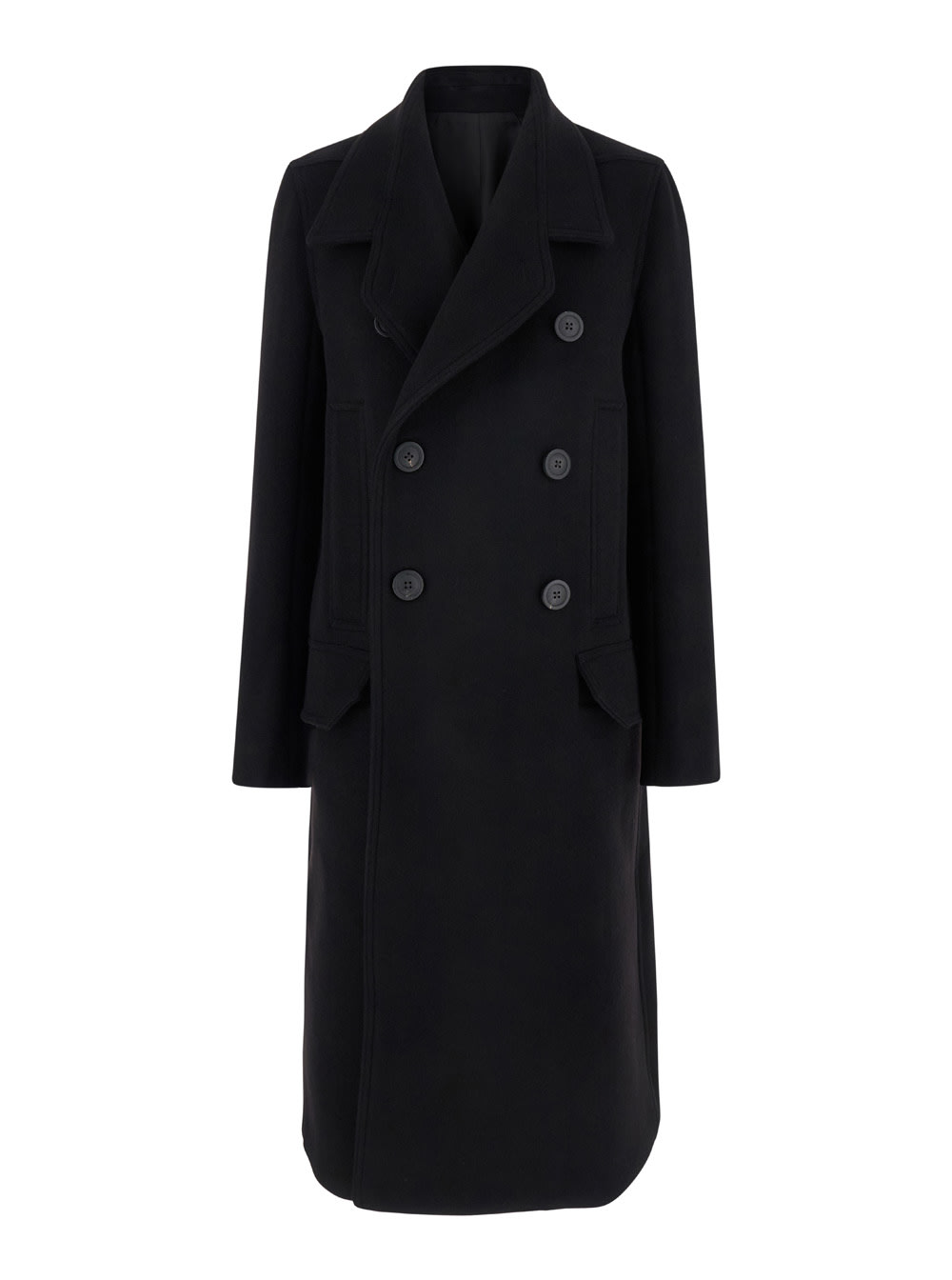 Shop Rick Owens Black Double-breasted Long Coat With Wide Revers In Wool Woman