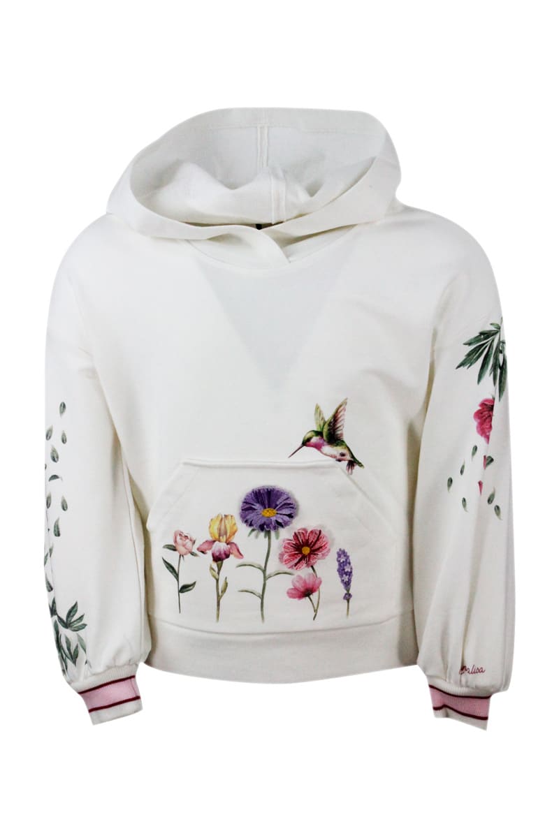 Monnalisa Crewneck Sweatshirt With Long Sleeve Hood With Flower Print