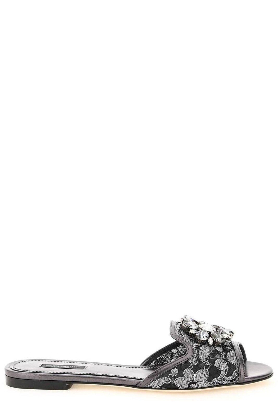 Dolce & Gabbana Crystal Lace Flat Sandals With Floral Overlay