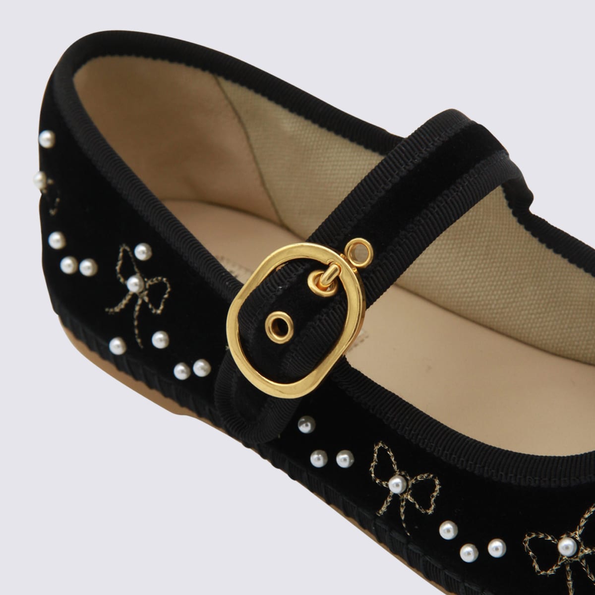 Valentino Endouce Embellished Grosgrain-trimmed Velvet Mary Jane Ballet Flats In Black