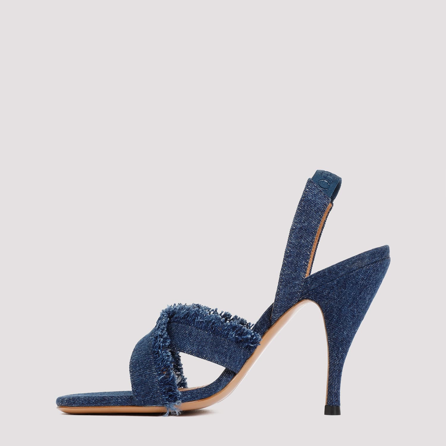 Off-white Curvy Heel Denim Sandal With Fringed Straps In Blue A Blu