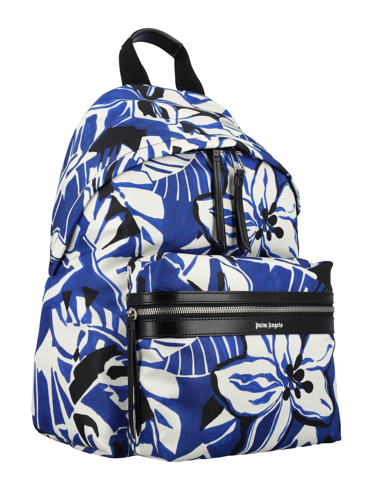 Shop Palm Angels Hibiscus Printed Zipped Backpack In Blue