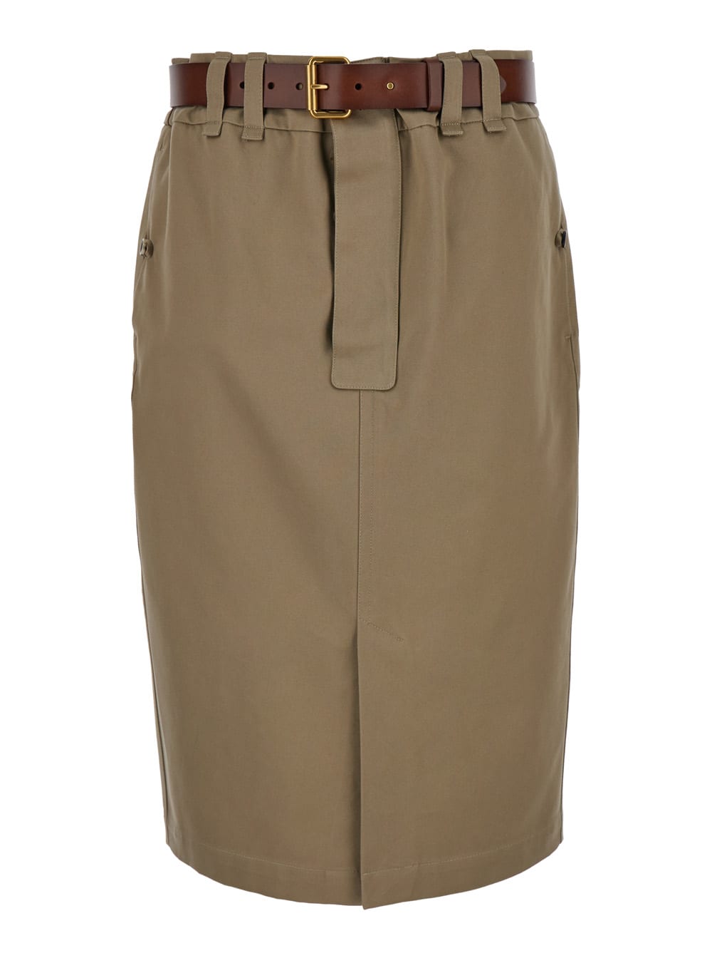 Shop Saint Laurent Midi Beige Pencil Skirt With Belt In Cotton Gabardine Woman