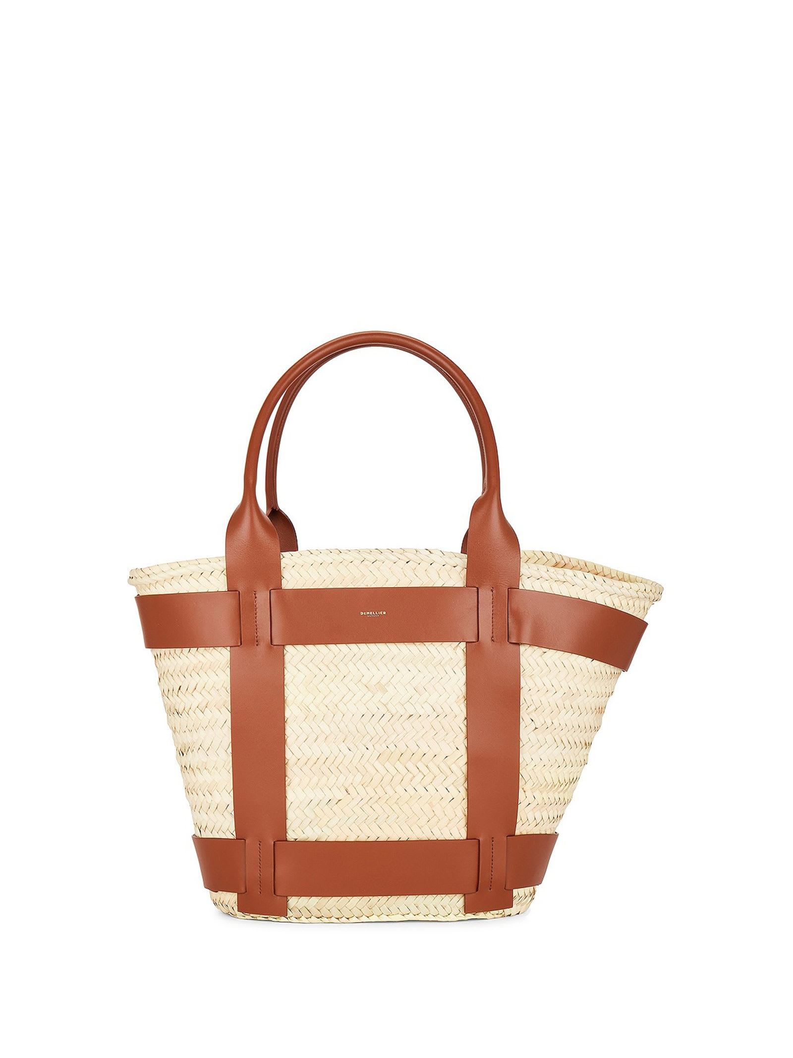 Demellier Maxi Santorini Bag In Raffia And Leather In Natural Tan
