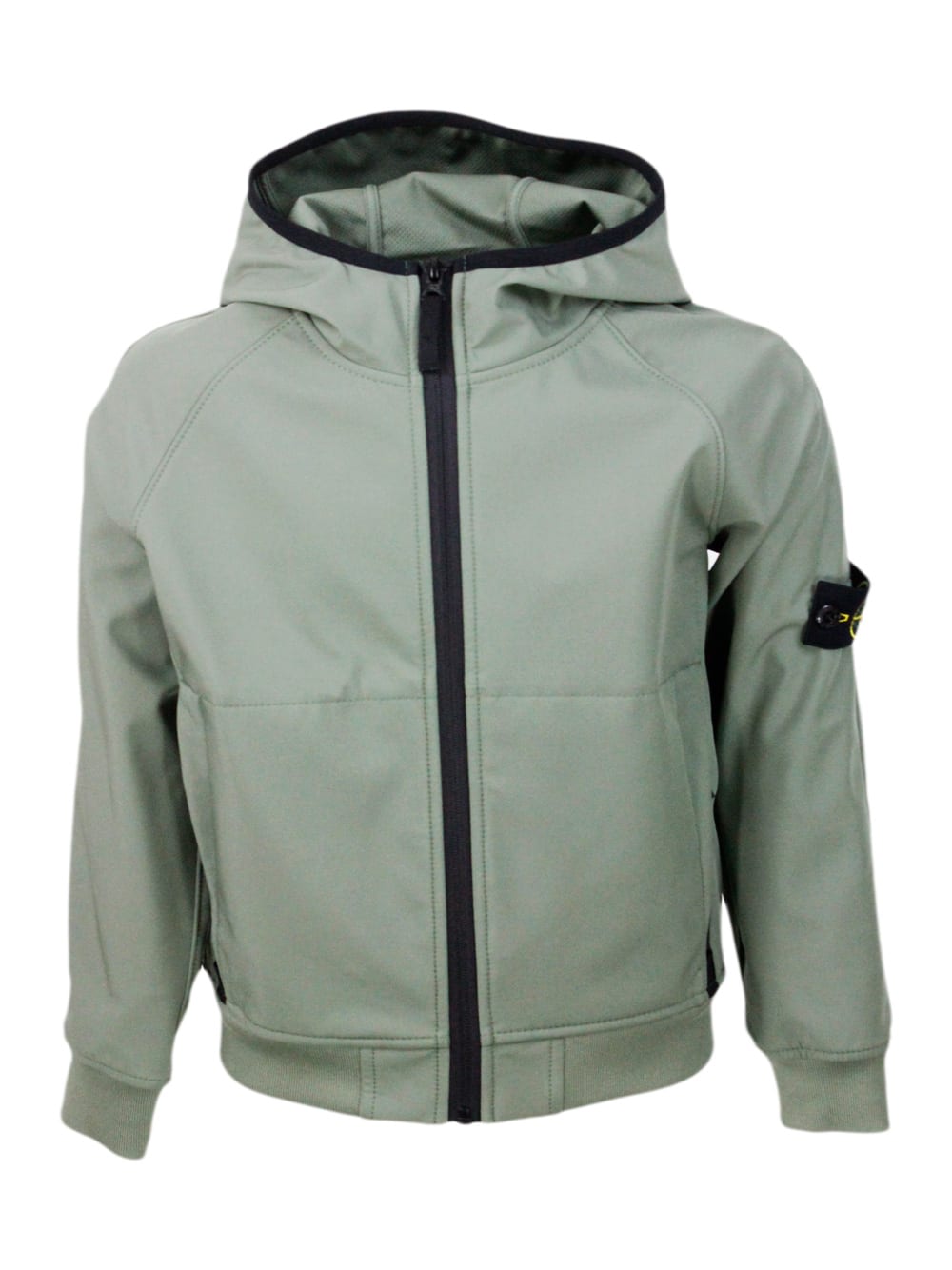 Stone Island Jacket In Water Resistant Technical Fabric With Hood And Zip Closure. Logo Applied On The Sleeve In Military