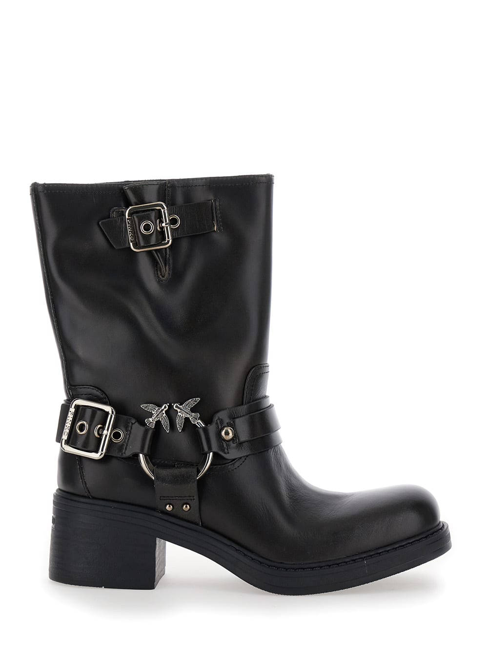 Shop Pinko Alys 02 Black Ankle Boots With Love Birds Diamond Cut Logo Plaque On The Side In Leather Woman